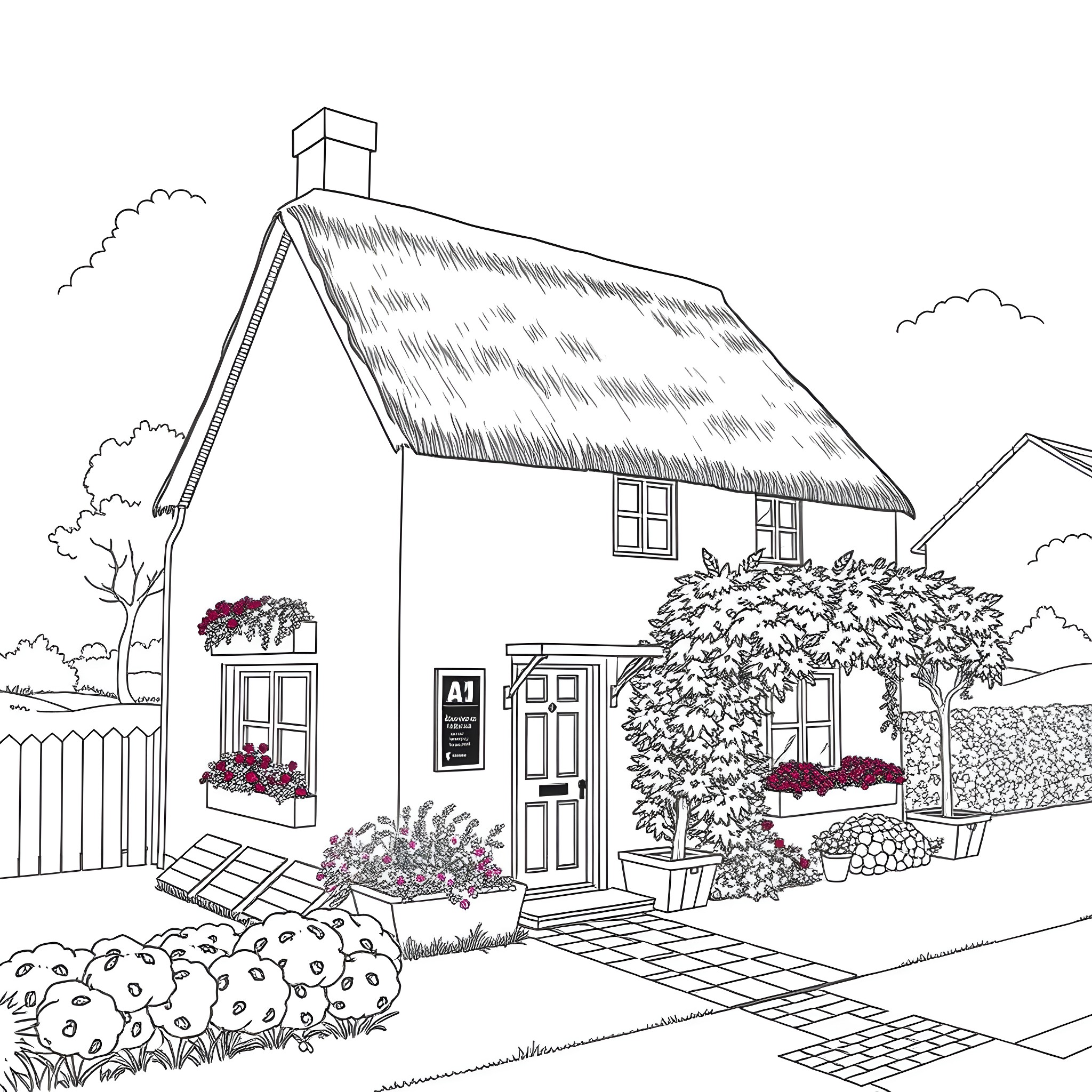 House with flowers and cozy cottage exterior Coloring Page (free black-and-white line drawing printable PDF for all, from beginners to advanced learners, including children, teens, adults, and seniors)