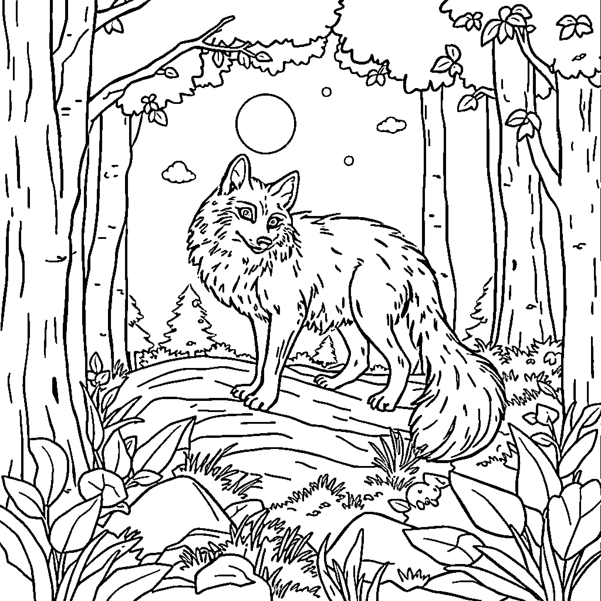 Wolf exploring the wilderness at night Coloring Page (free black-and-white line drawing printable PDF for all, from beginners to advanced learners, including children, teens, adults, and seniors)