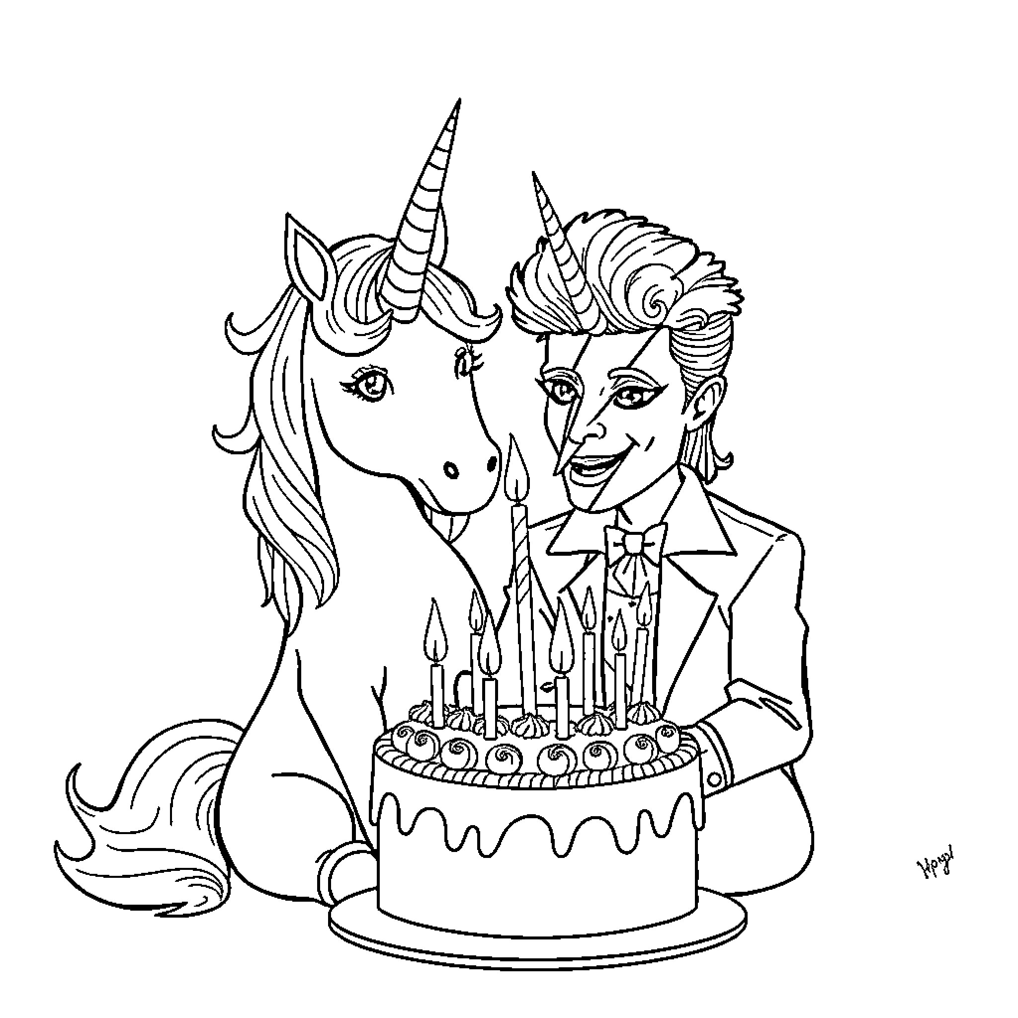 Unicorn's Festive Birthday Celebration Coloring Page (free black-and-white line drawing printable PDF for all, from beginners to advanced learners, including children, teens, adults, and seniors)