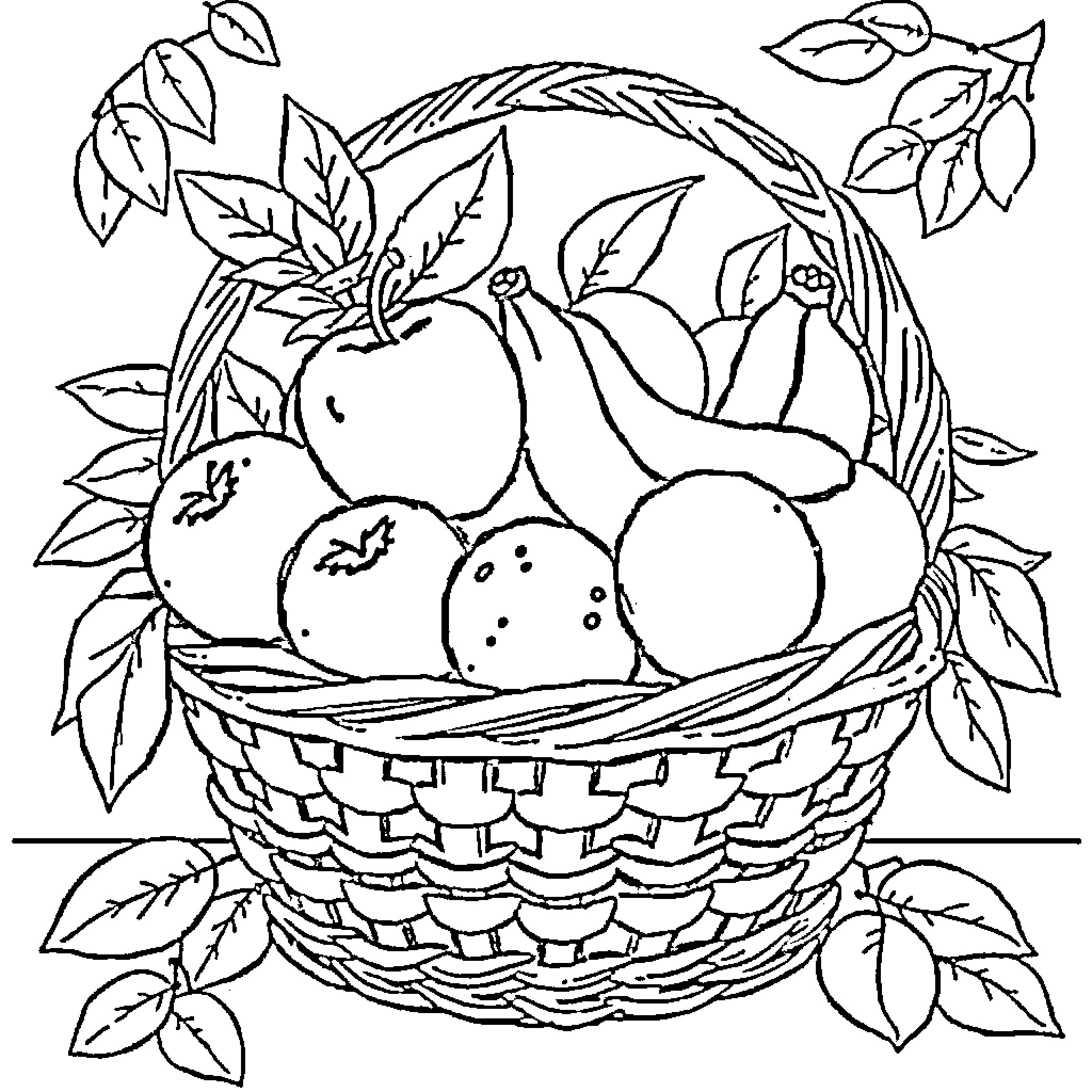 Fruit Basket with Assorted Produce Coloring Page (free black-and-white line drawing printable PDF for all, from beginners to advanced learners, including children, teens, adults, and seniors)