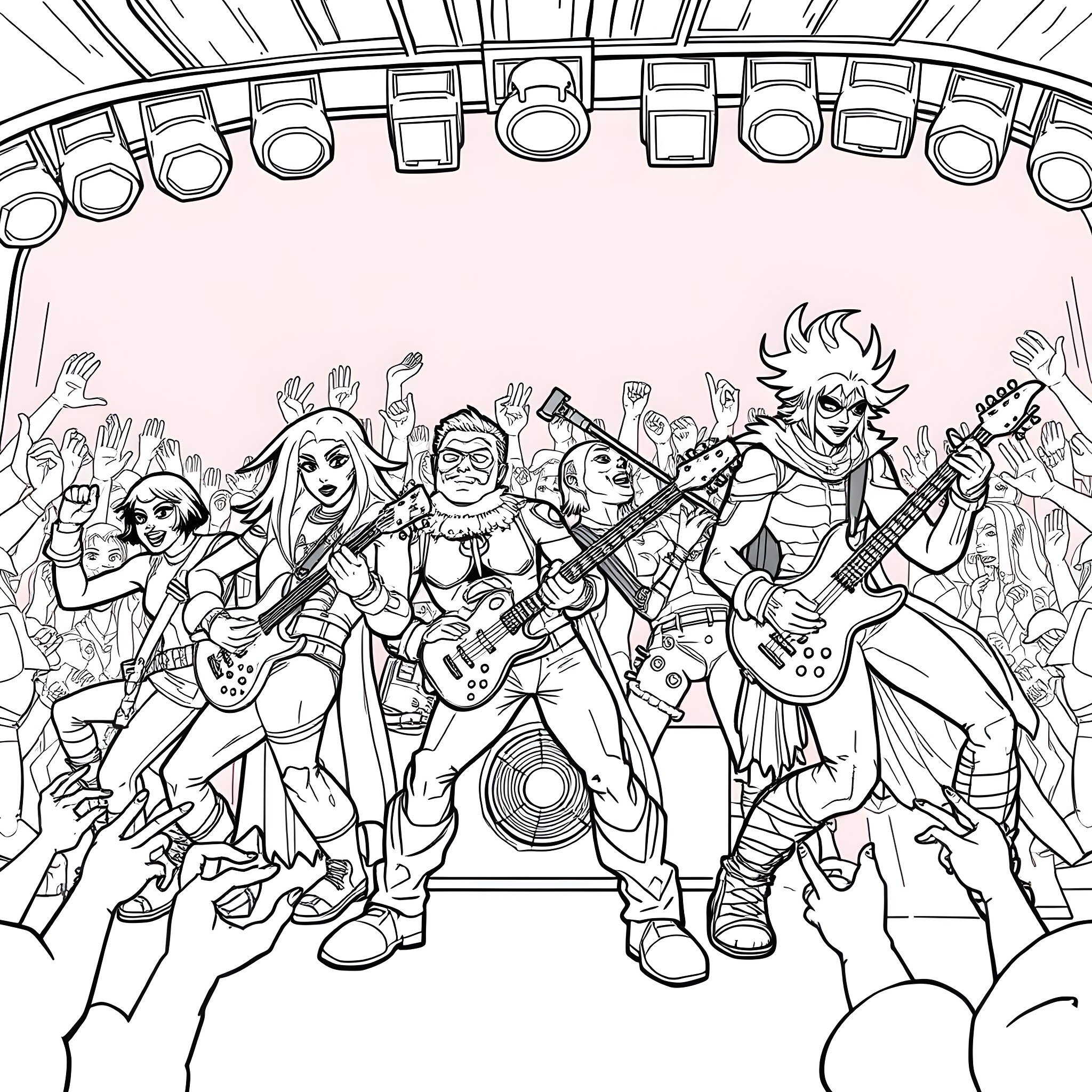 Superhero rock band performing on stage Coloring Page (free black-and-white line drawing printable PDF for all, from beginners to advanced learners, including children, teens, adults, and seniors)