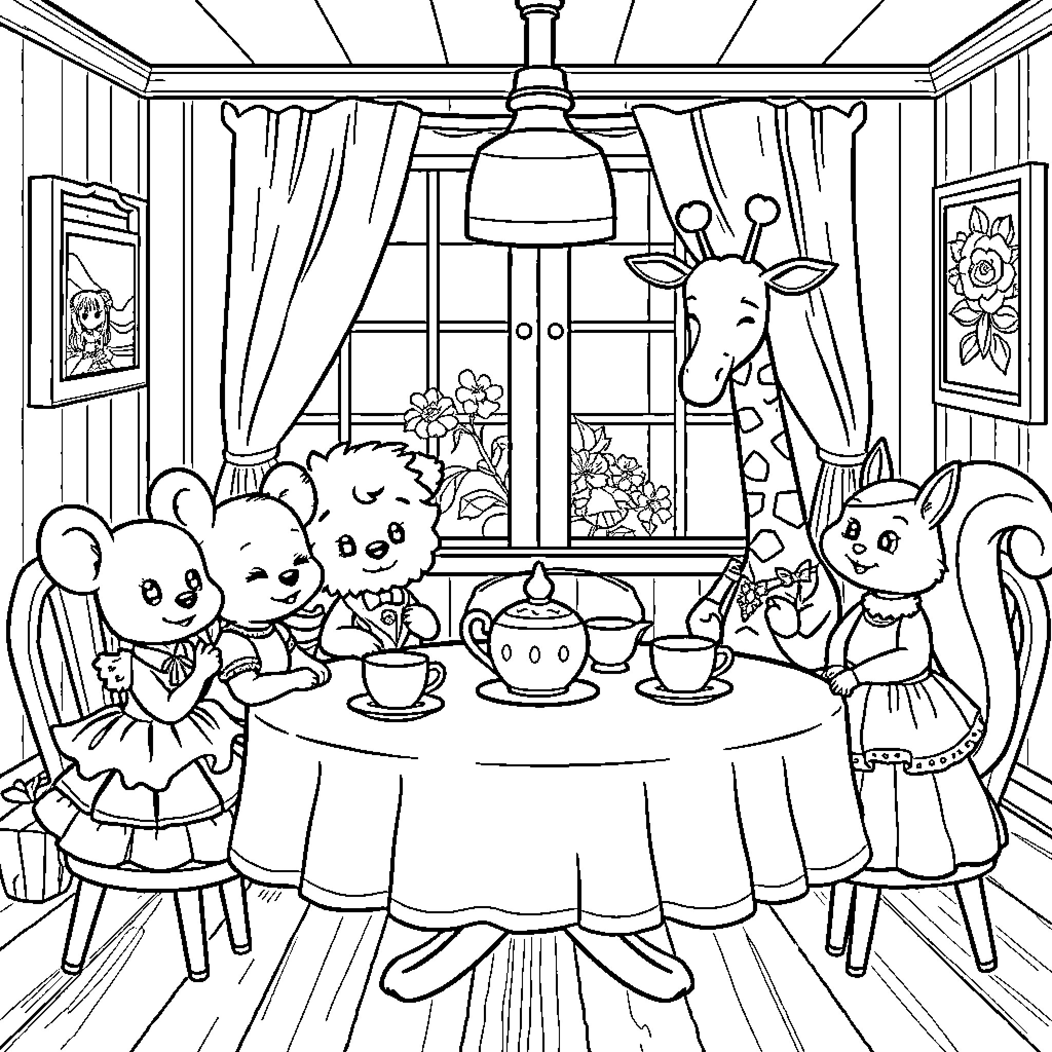 Animal Friends Enjoying a Cozy Tea Party Coloring Page (free black-and-white line drawing printable PDF for all, from beginners to advanced learners, including children, teens, adults, and seniors)