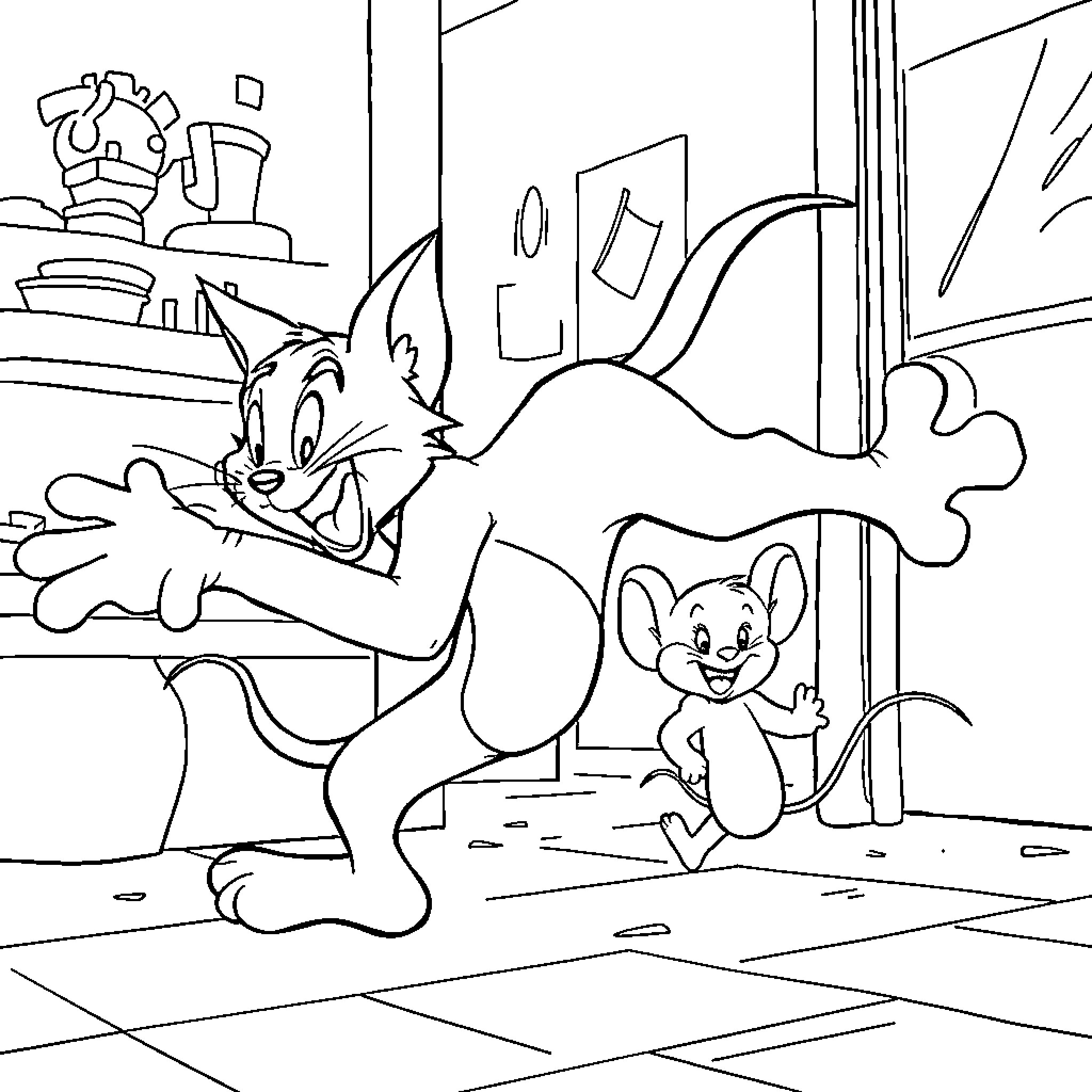 Tom and Jerry's Comedic Encounter in the House Coloring Page (free black-and-white line drawing printable PDF for all, from beginners to advanced learners, including children, teens, adults, and seniors)