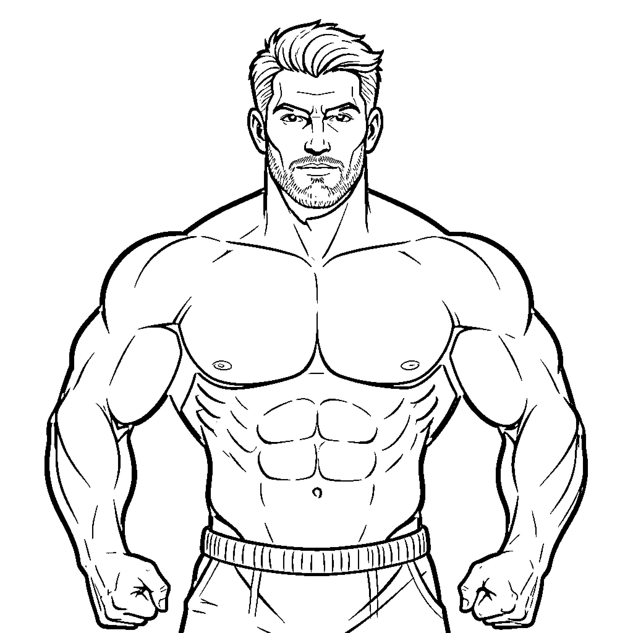 Man with muscular physique and stern expression Coloring Page (free black-and-white line drawing printable PDF for all, from beginners to advanced learners, including children, teens, adults, and seniors)