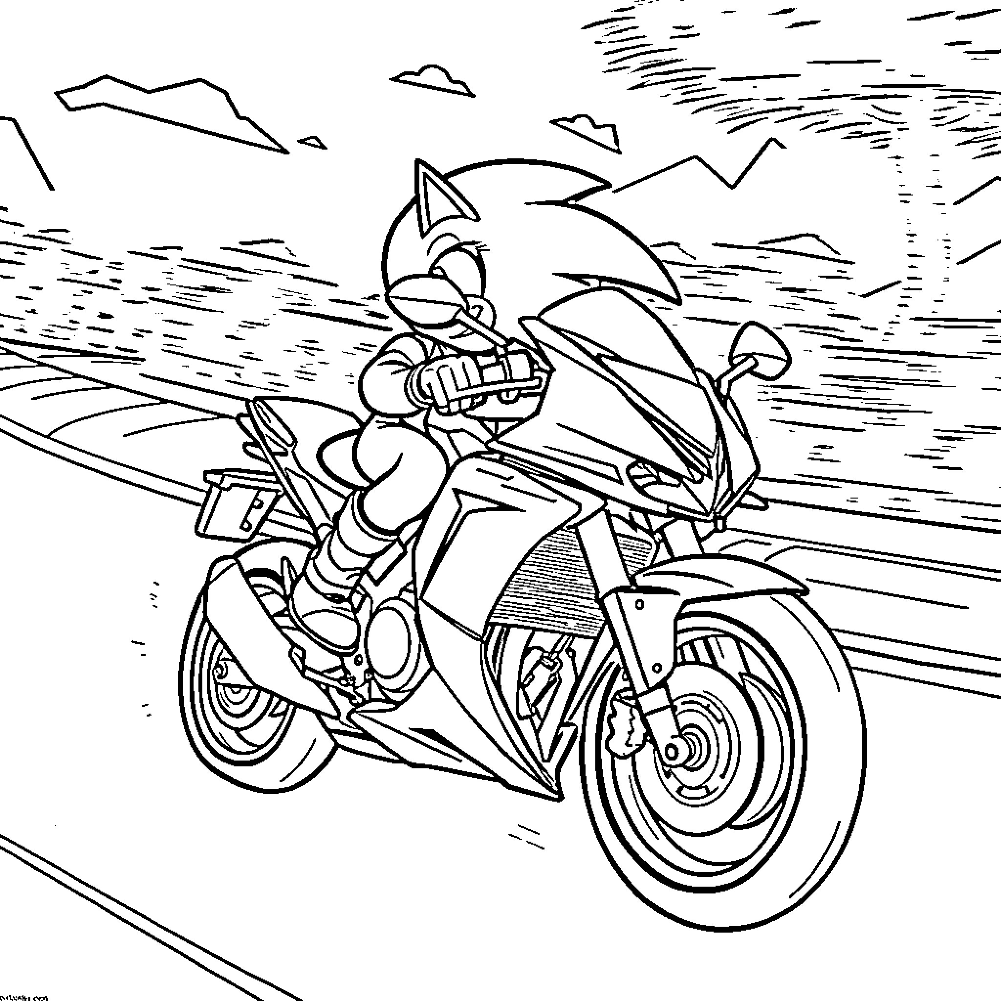 Sonic racing on a high-speed motorcycle through the mountains Coloring Page (free black-and-white line drawing printable PDF for all, from beginners to advanced learners, including children, teens, adults, and seniors)