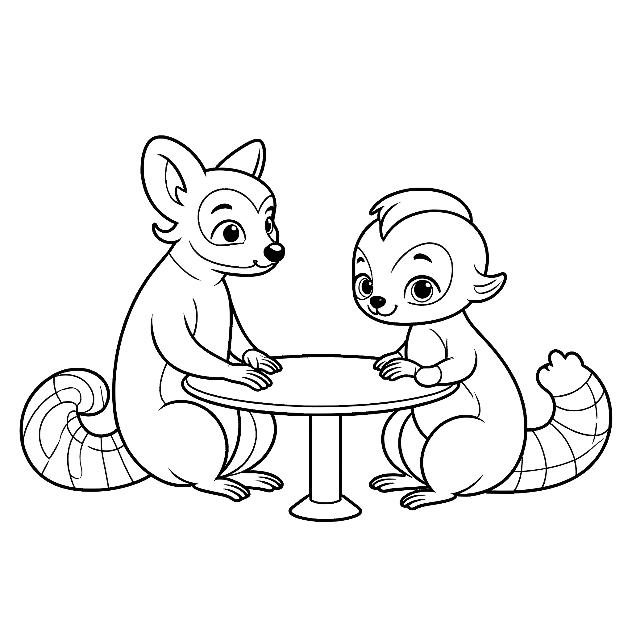Lemurs playing together at a table Coloring Page (free black-and-white line drawing printable PDF for all, from beginners to advanced learners, including children, teens, adults, and seniors)