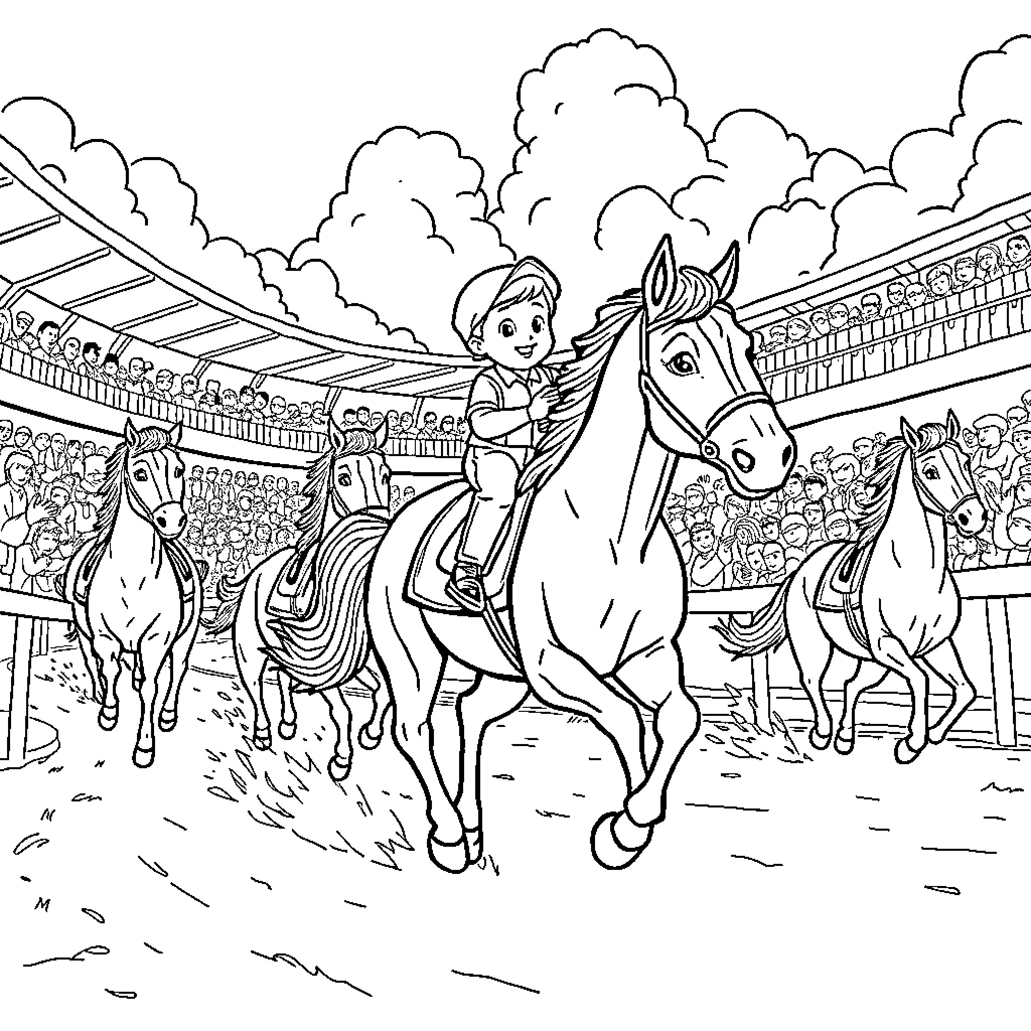 Caballo Racers Competing in the Arena Coloring Page (free black-and-white line drawing printable PDF for all, from beginners to advanced learners, including children, teens, adults, and seniors)