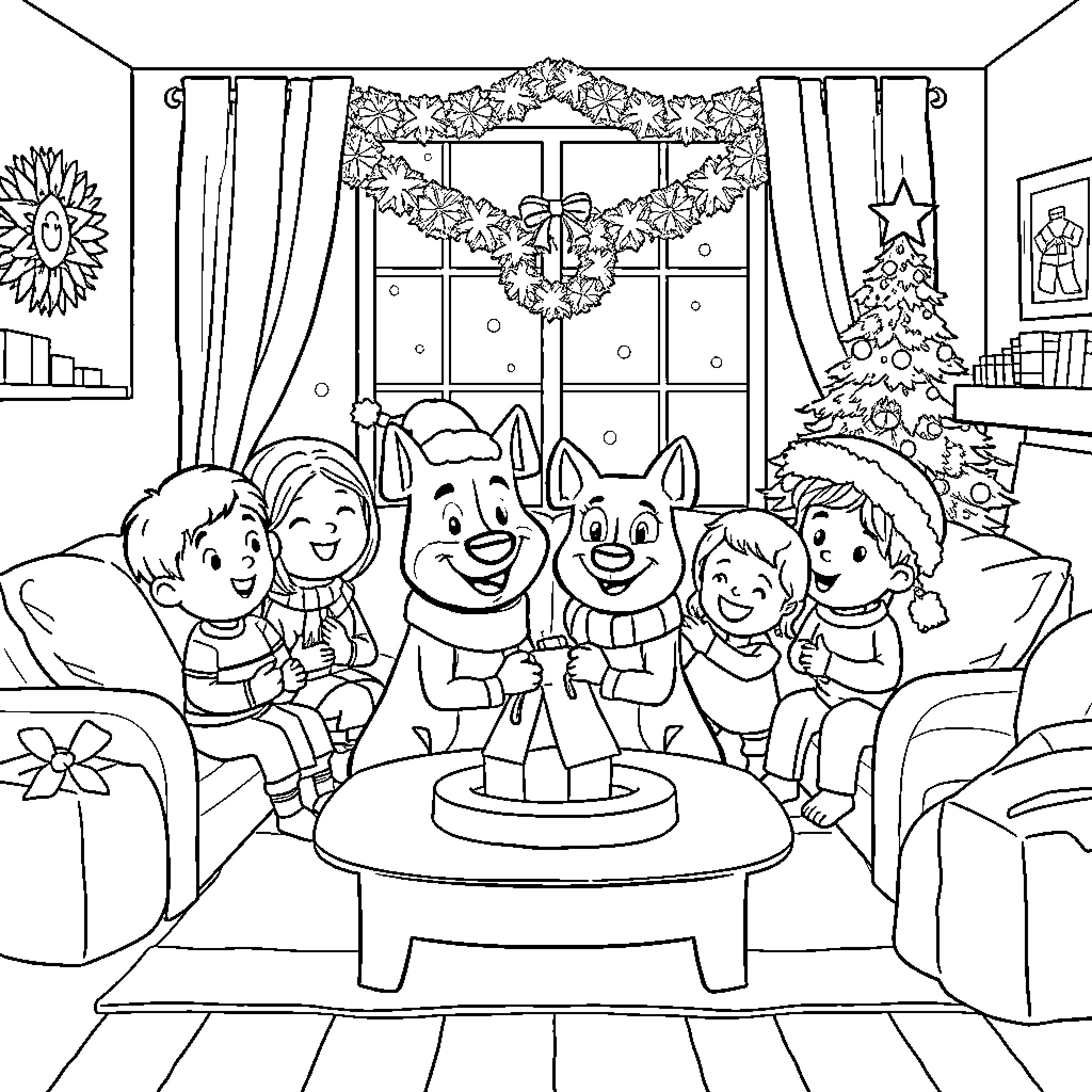 Bluey and friends celebrating Christmas together Coloring Page (free black-and-white line drawing printable PDF for all, from beginners to advanced learners, including children, teens, adults, and seniors)