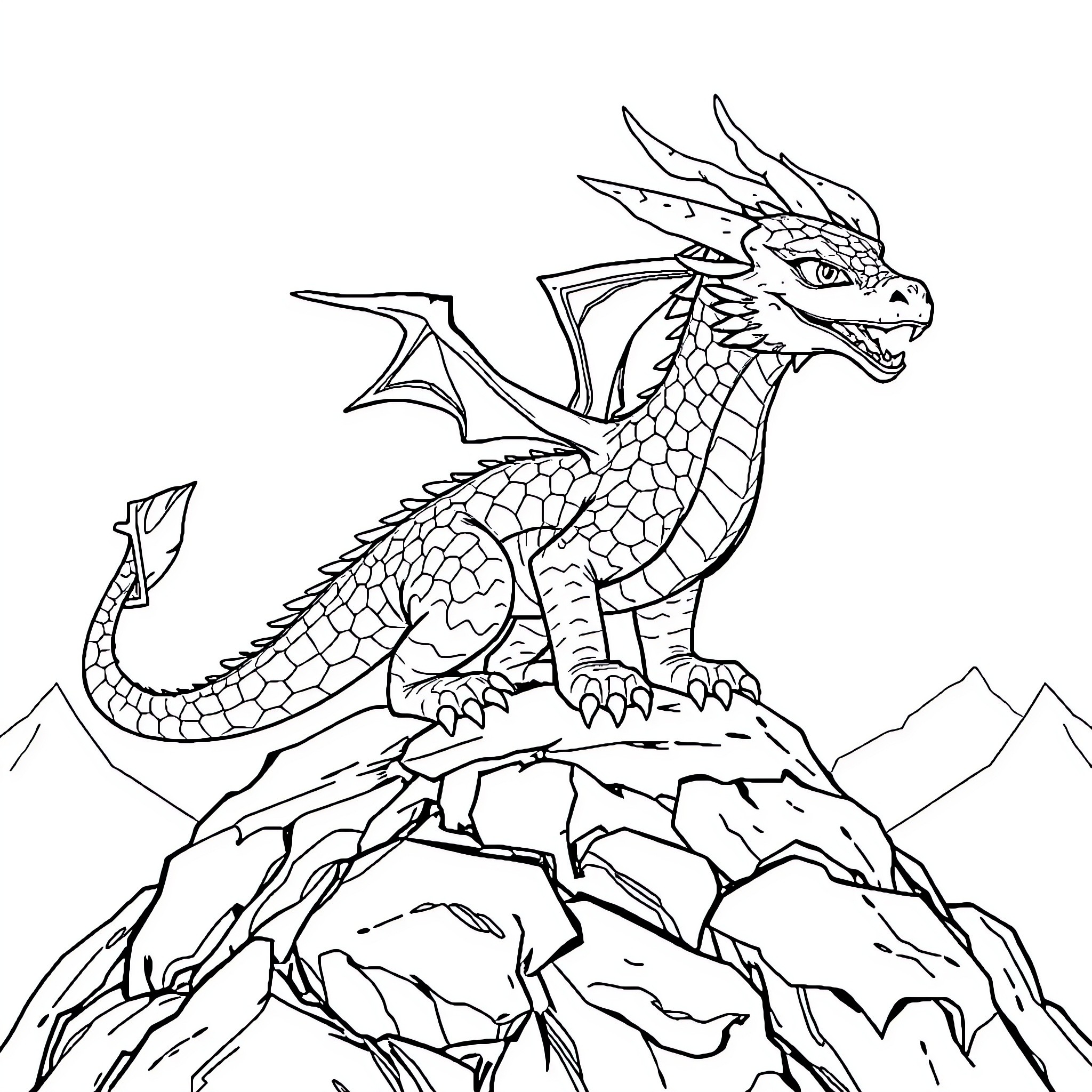 Charmandar the Draconic Creature on Rocky Terrain Coloring Page (free black-and-white line drawing printable PDF for all, from beginners to advanced learners, including children, teens, adults, and seniors)
