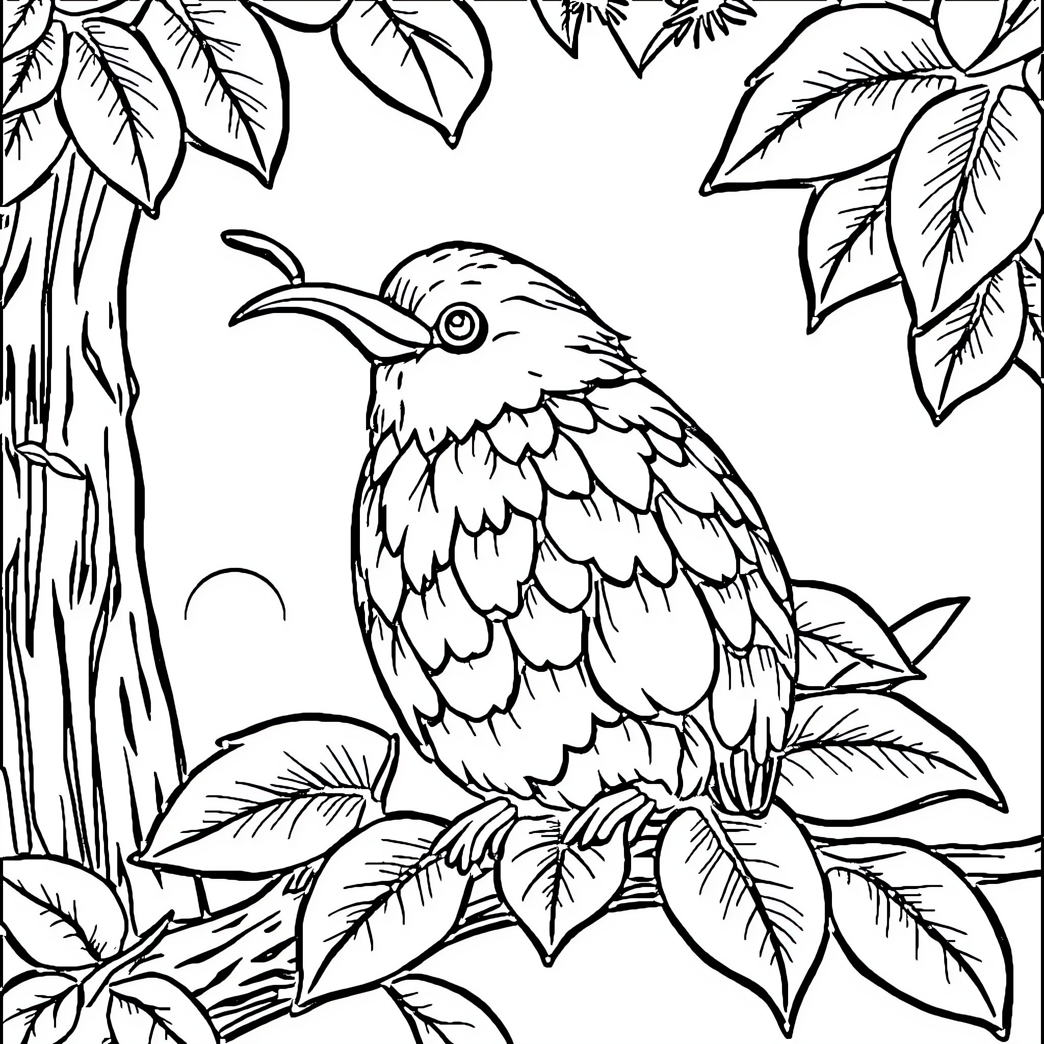 Apple bird perched amidst lush foliage Coloring Page (free black-and-white line drawing printable PDF for all, from beginners to advanced learners, including children, teens, adults, and seniors)