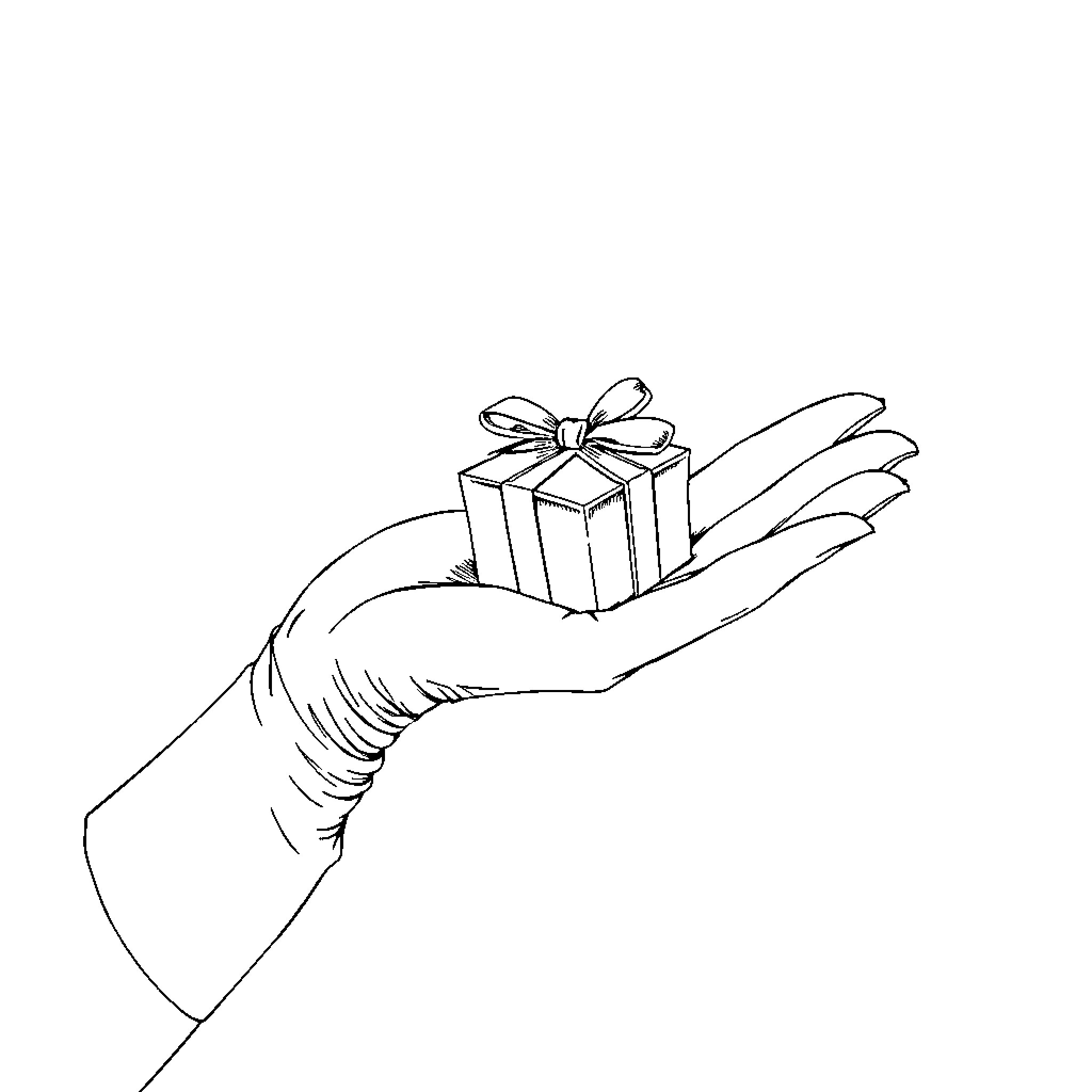 Hand holding a gift box with a bow Coloring Page (free black-and-white line drawing printable PDF for all, from beginners to advanced learners, including children, teens, adults, and seniors)