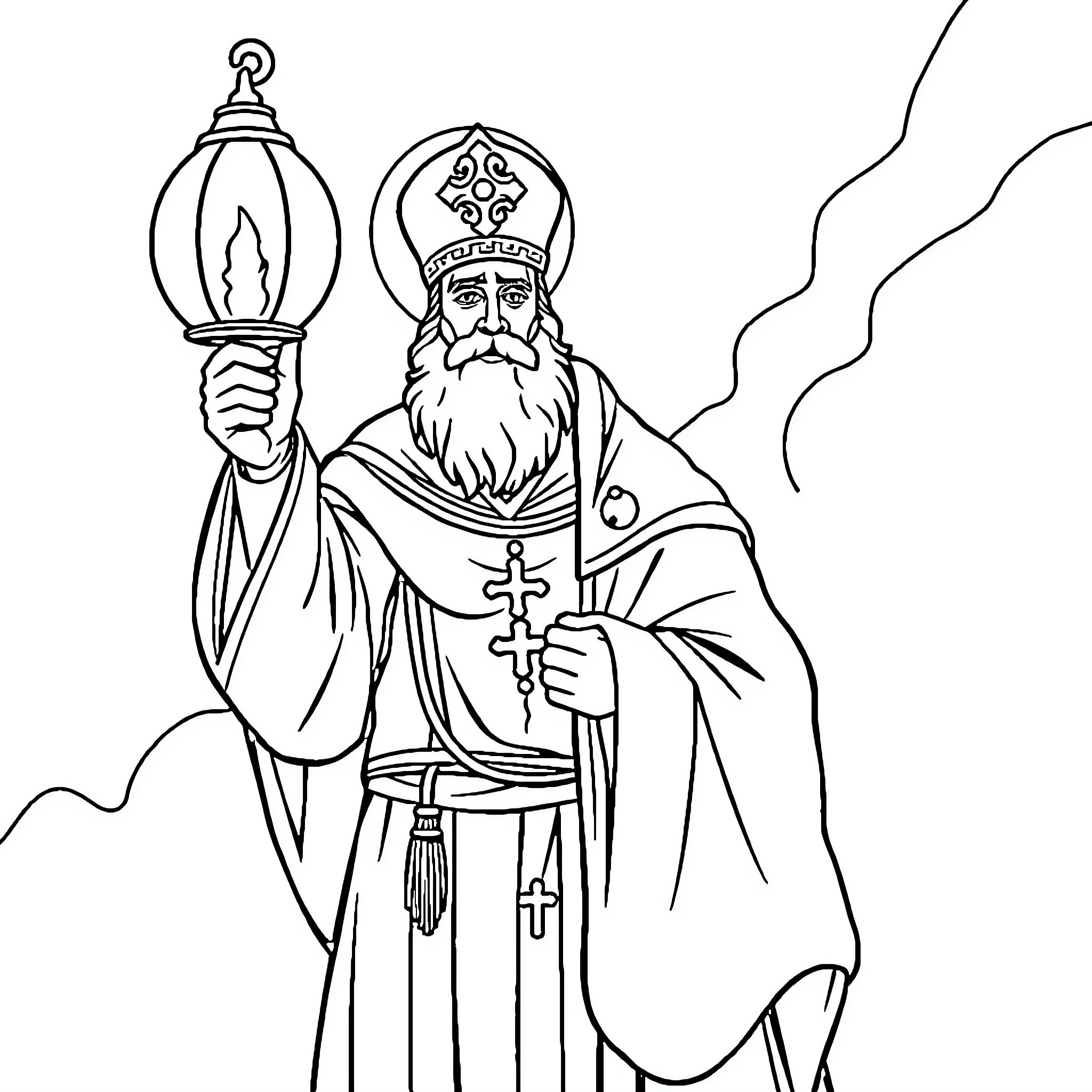 Saint holding a lantern and cross in religious robes Coloring Page (free black-and-white line drawing printable PDF for all, from beginners to advanced learners, including children, teens, adults, and seniors)