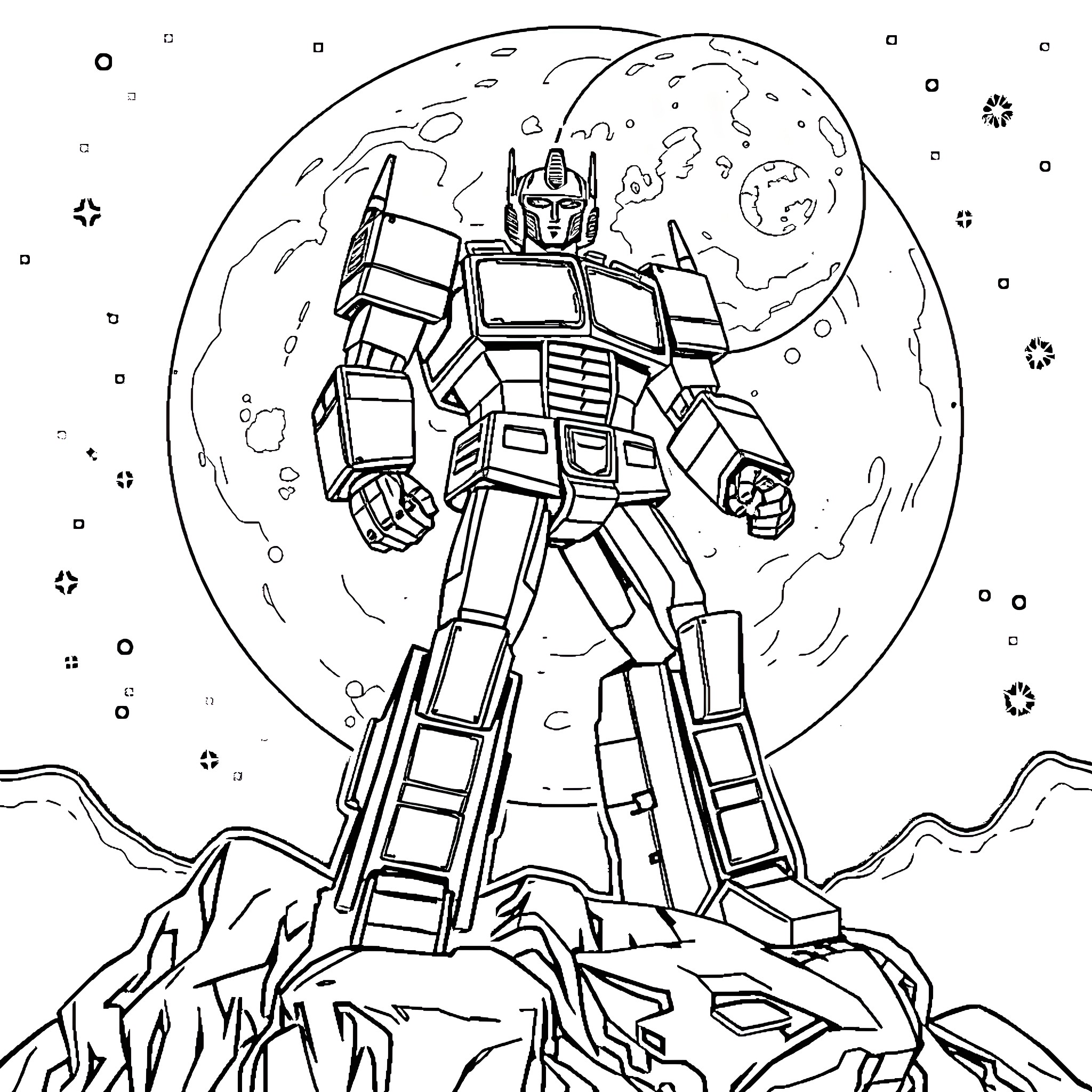 Optimus Prime standing tall against the backdrop of a lunar landscape Coloring Page (free black-and-white line drawing printable PDF for all, from beginners to advanced learners, including children, teens, adults, and seniors)