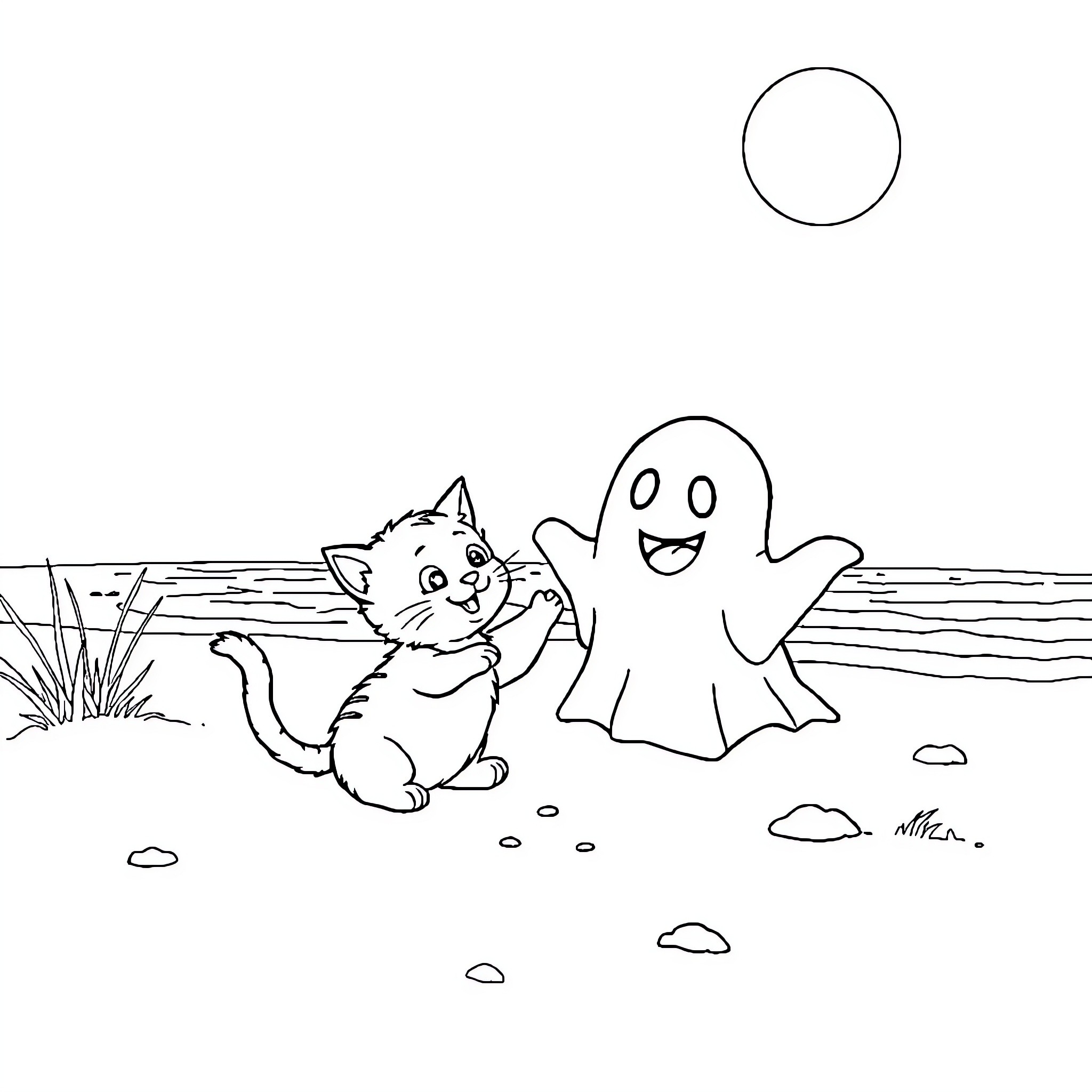 Cat and Ghost playing by the lake Coloring Page (free black-and-white line drawing printable PDF for all, from beginners to advanced learners, including children, teens, adults, and seniors)