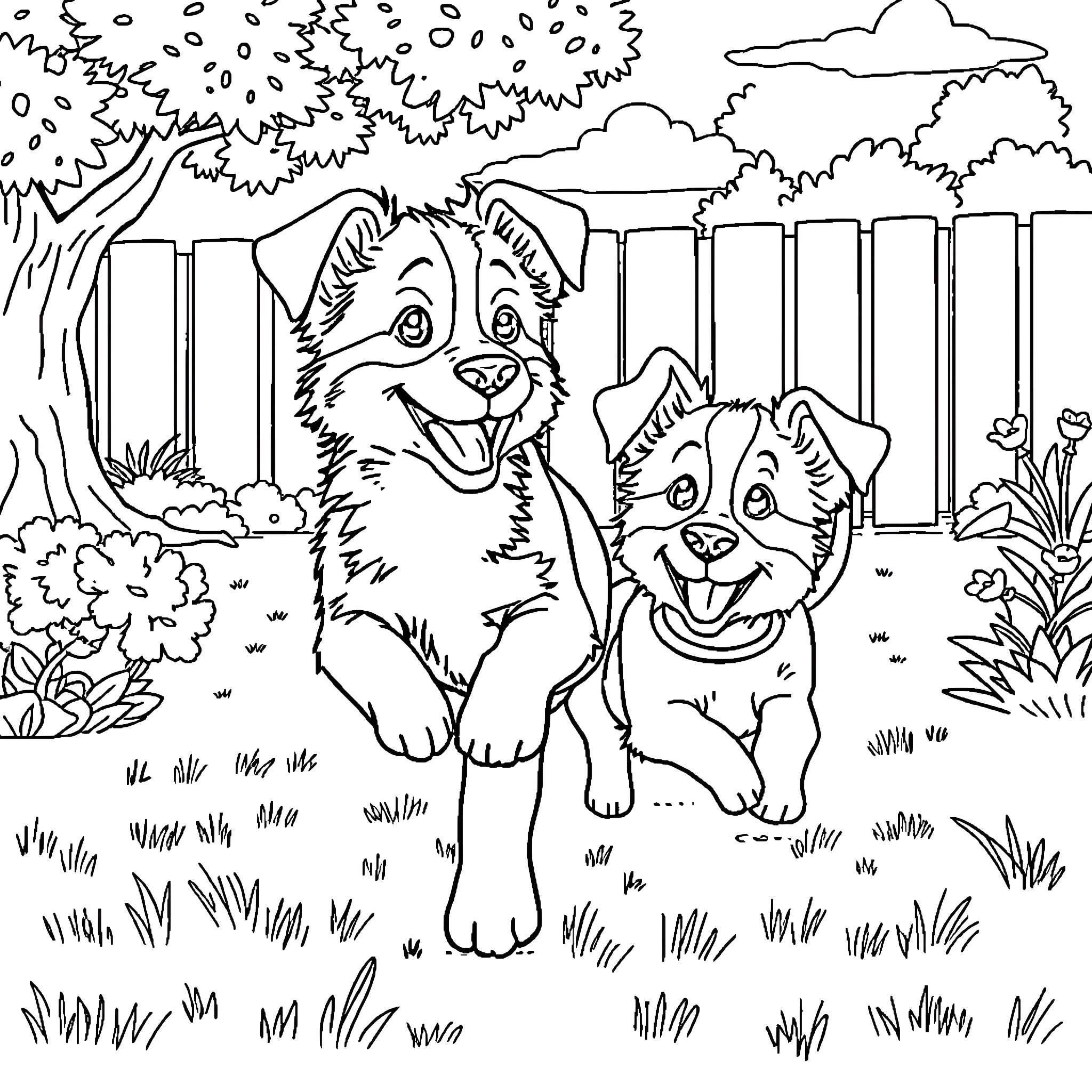 Bluey and Bingo playing in the backyard Coloring Page (free black-and-white line drawing printable PDF for all, from beginners to advanced learners, including children, teens, adults, and seniors)
