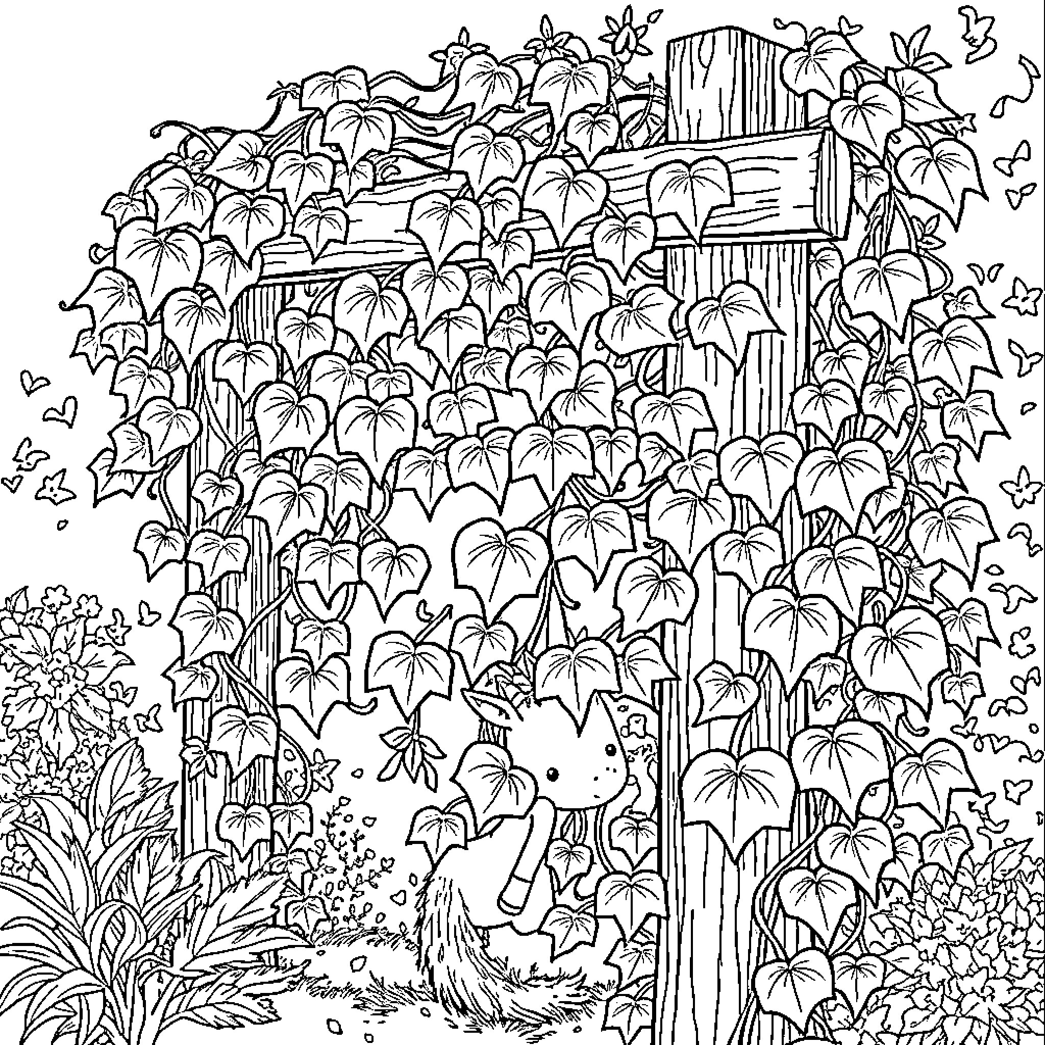Unicorn in a Lush, Whimsical Woodland Coloring Page (free black-and-white line drawing printable PDF for all, from beginners to advanced learners, including children, teens, adults, and seniors)