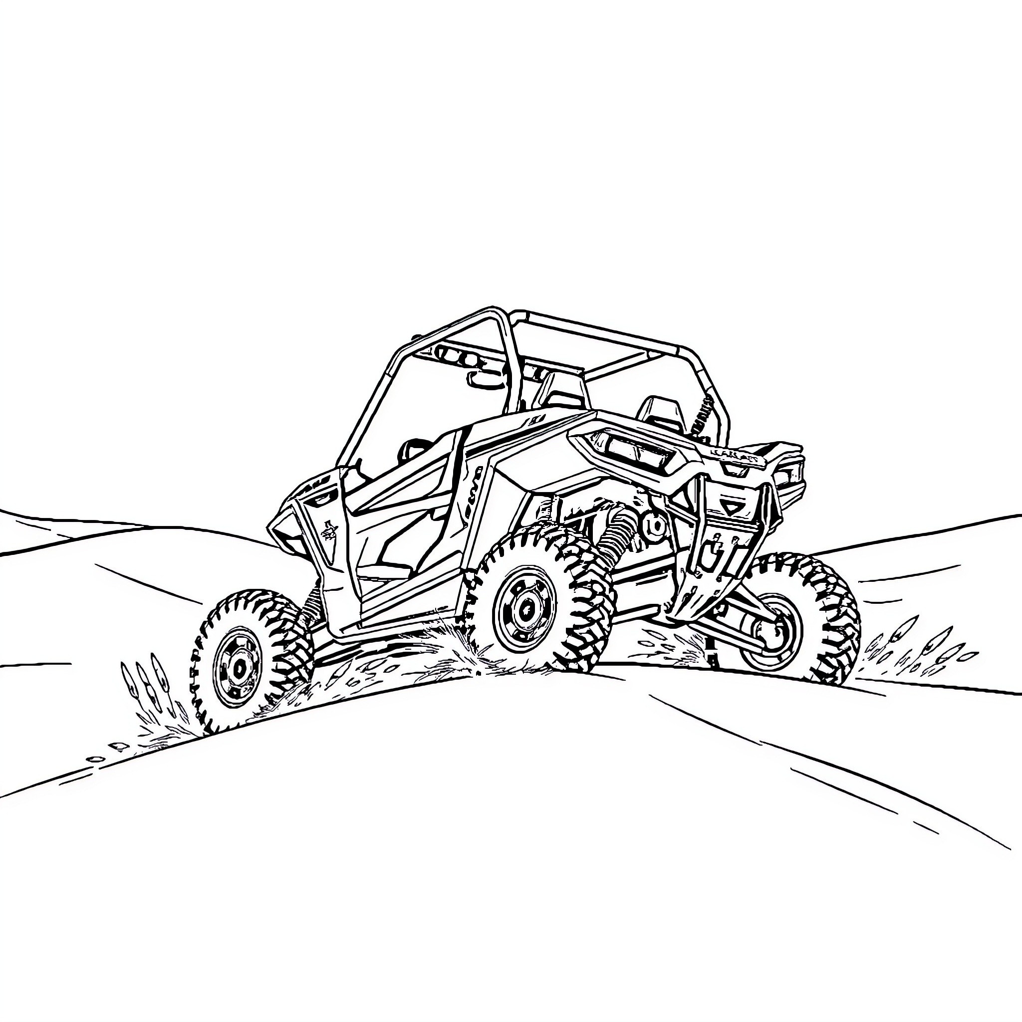 Polaris RZR off-roading in rugged terrain Coloring Page (free black-and-white line drawing printable PDF for all, from beginners to advanced learners, including children, teens, adults, and seniors)