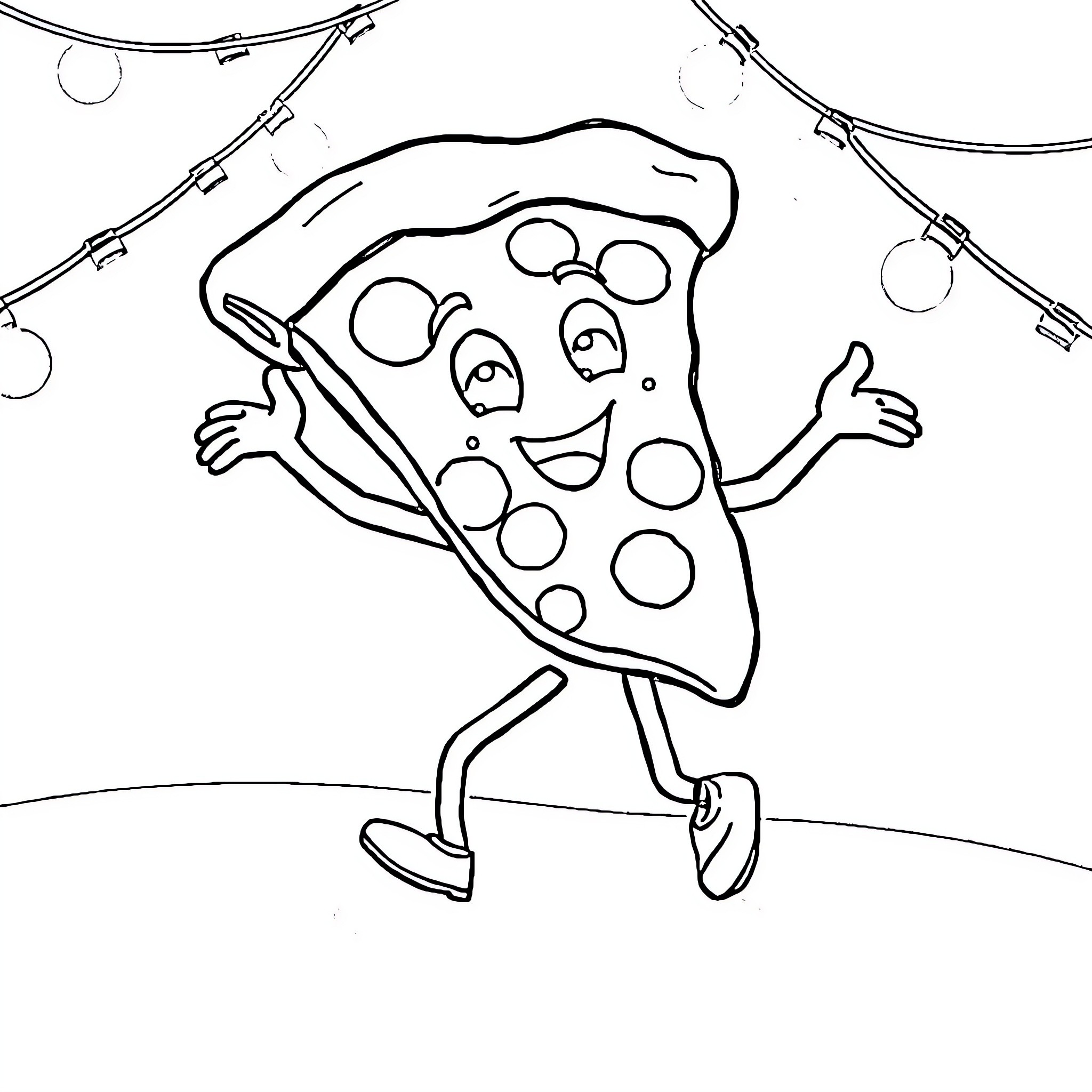 Pizza Slice dancing happily under lights Coloring Page (free black-and-white line drawing printable PDF for all, from beginners to advanced learners, including children, teens, adults, and seniors)