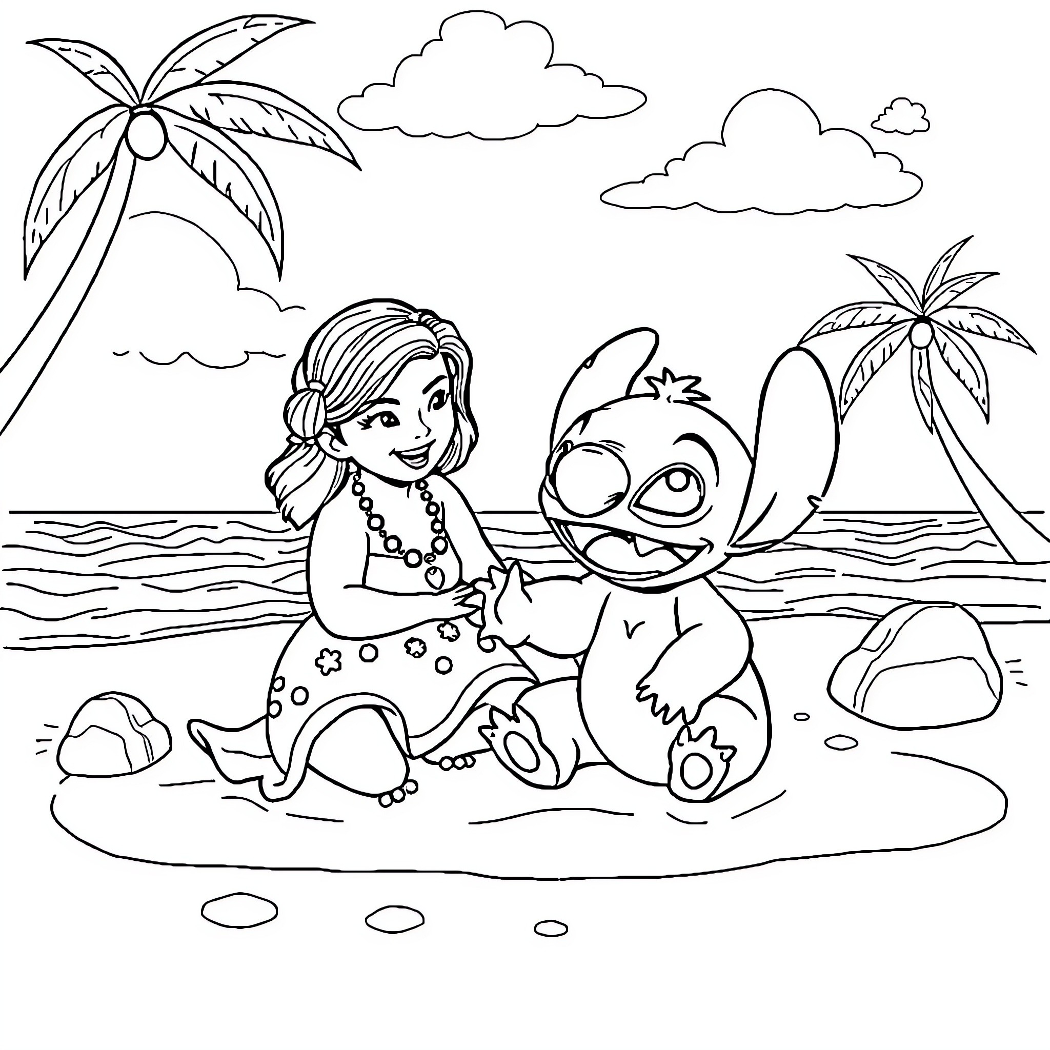 Lilo And Stitch Enjoying Beach Adventure Coloring Page (free black-and-white line drawing printable PDF for all, from beginners to advanced learners, including children, teens, adults, and seniors)