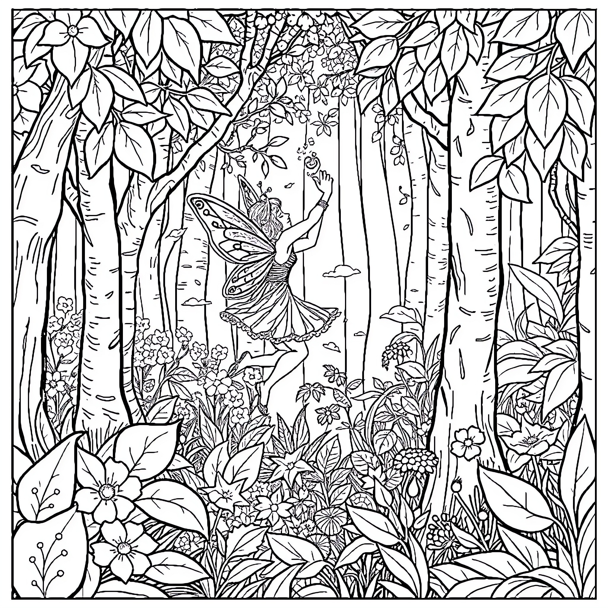 Fairy dancing joyfully in enchanted forest Coloring Page (free black-and-white line drawing printable PDF for all, from beginners to advanced learners, including children, teens, adults, and seniors)