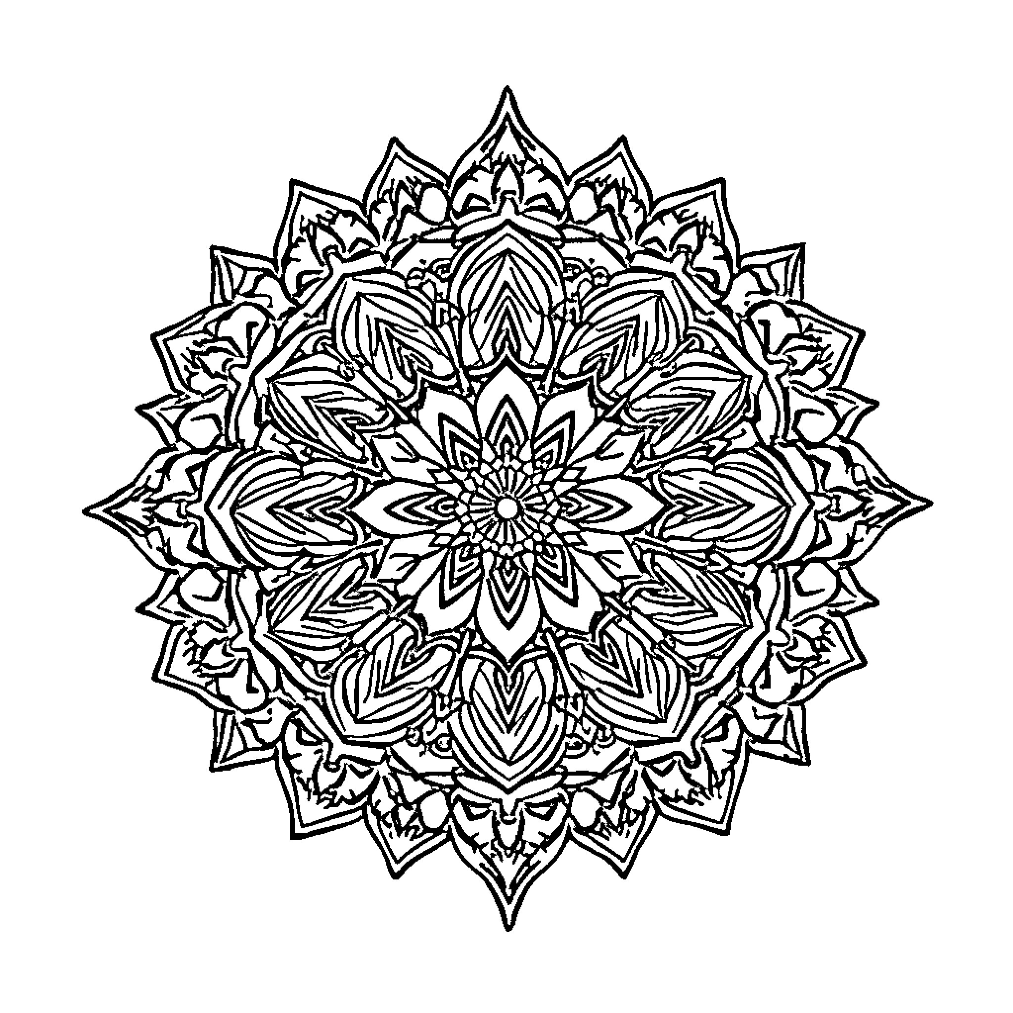 Mandala of intricate floral patterns Coloring Page (free black-and-white line drawing printable PDF for all, from beginners to advanced learners, including children, teens, adults, and seniors)