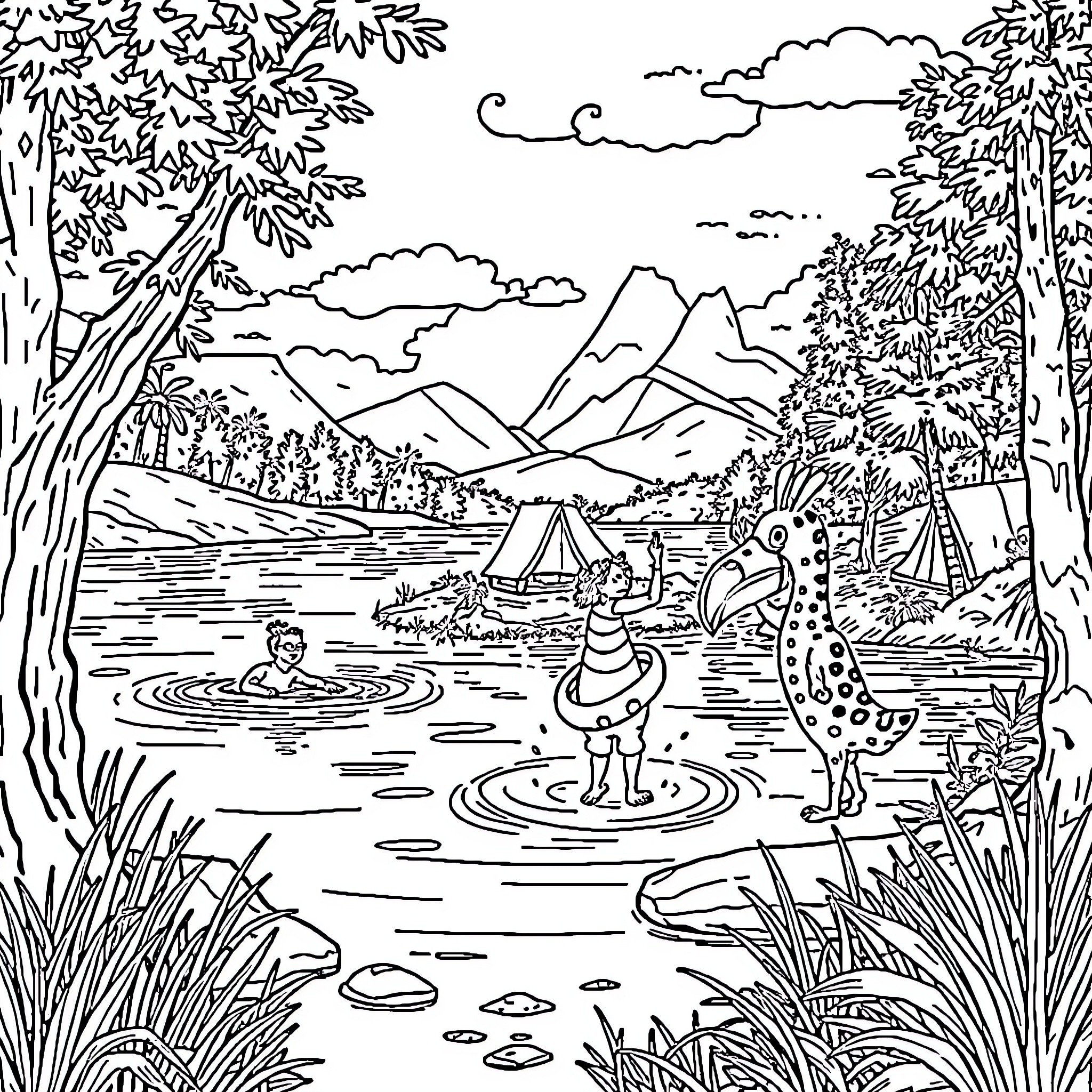 Capybara enjoying the serene wilderness Coloring Page (free black-and-white line drawing printable PDF for all, from beginners to advanced learners, including children, teens, adults, and seniors)