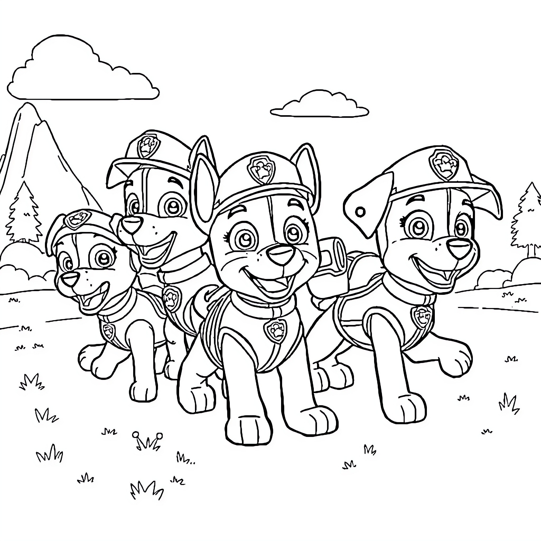 Paw Patrol on an Outdoor Adventure Coloring Page (free black-and-white line drawing printable PDF for all, from beginners to advanced learners, including children, teens, adults, and seniors)