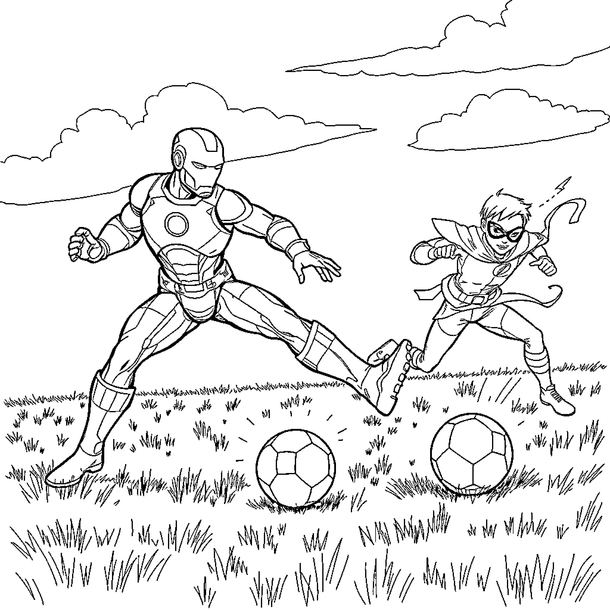 Ironman and sidekick playing with soccer balls in a field Coloring Page (free black-and-white line drawing printable PDF for all, from beginners to advanced learners, including children, teens, adults, and seniors)