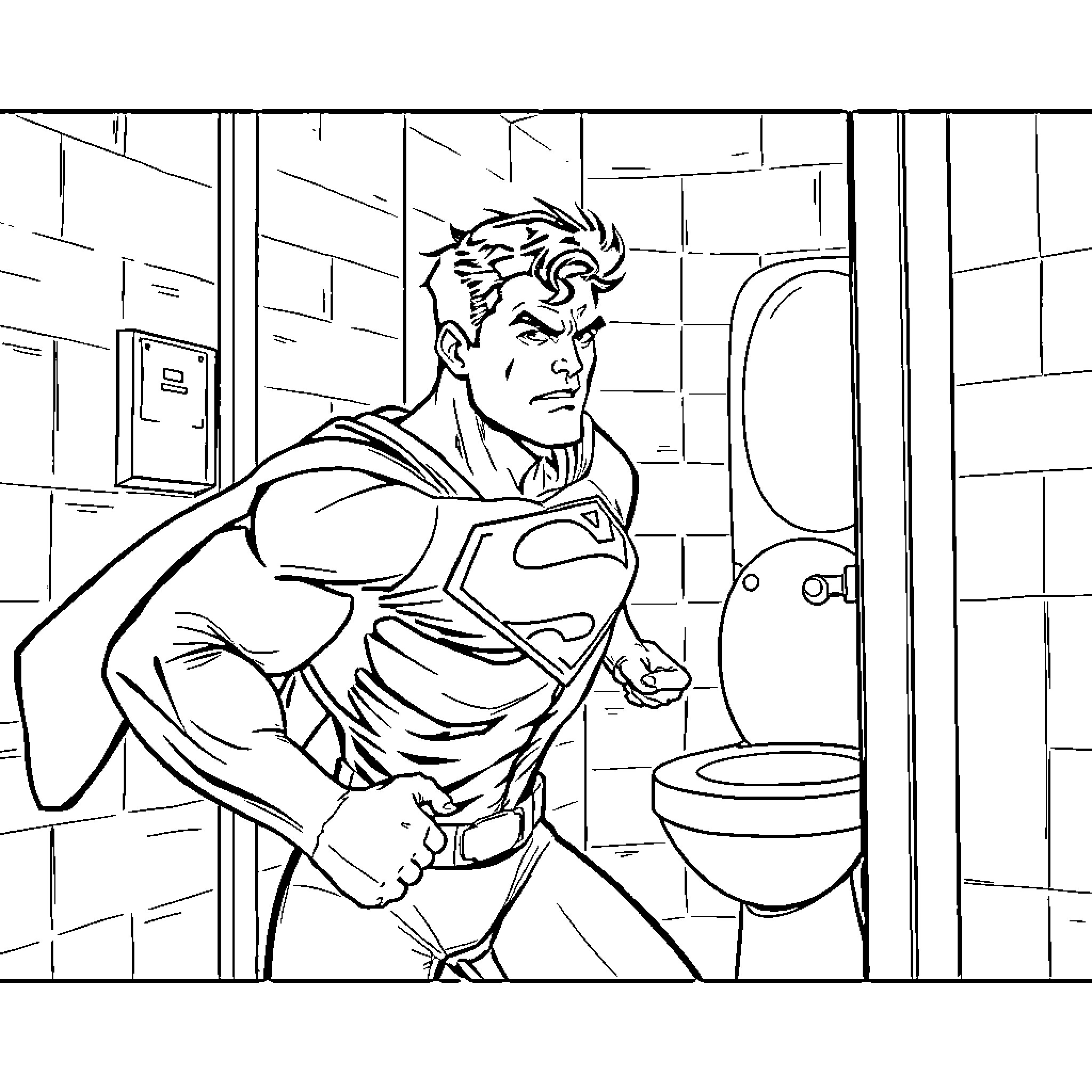 Superman's Unexpected Encounter in the Restroom Coloring Page (free black-and-white line drawing printable PDF for all, from beginners to advanced learners, including children, teens, adults, and seniors)