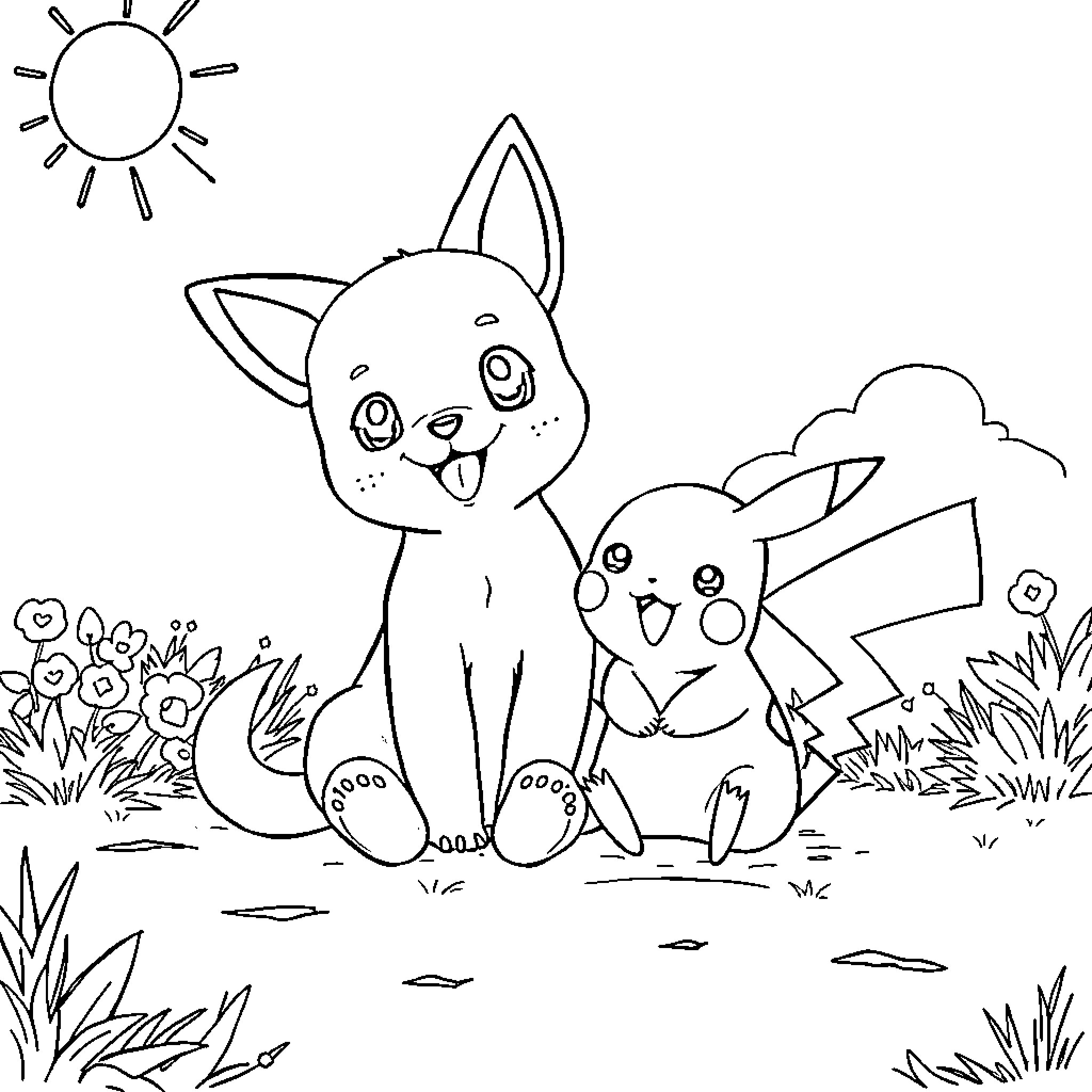 Rumi's Joyful Duo - Playful Pups in Nature Coloring Page (free black-and-white line drawing printable PDF for all, from beginners to advanced learners, including children, teens, adults, and seniors)