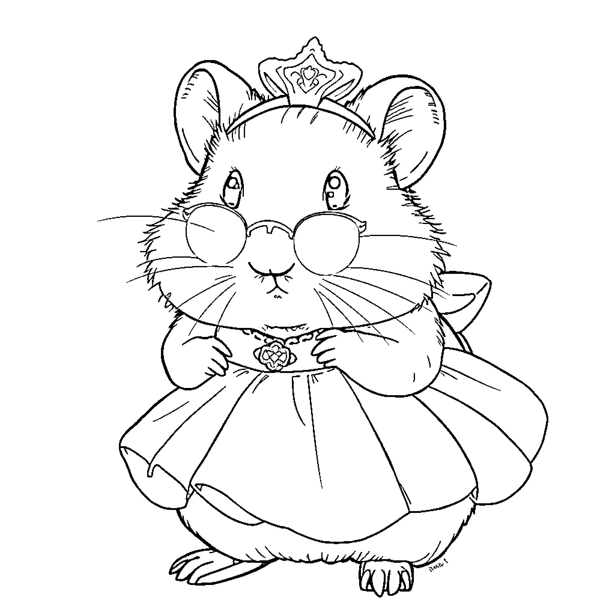 Hamster dressed as a princess with a crown Coloring Page (free black-and-white line drawing printable PDF for all, from beginners to advanced learners, including children, teens, adults, and seniors)