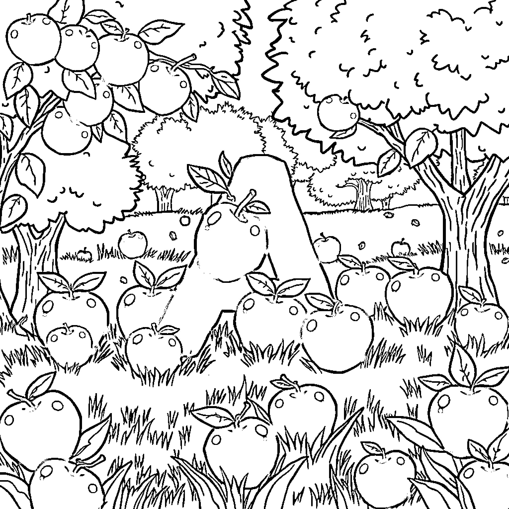 Alphabet Apple Orchard Scene Coloring Page (free black-and-white line drawing printable PDF for all, from beginners to advanced learners, including children, teens, adults, and seniors)