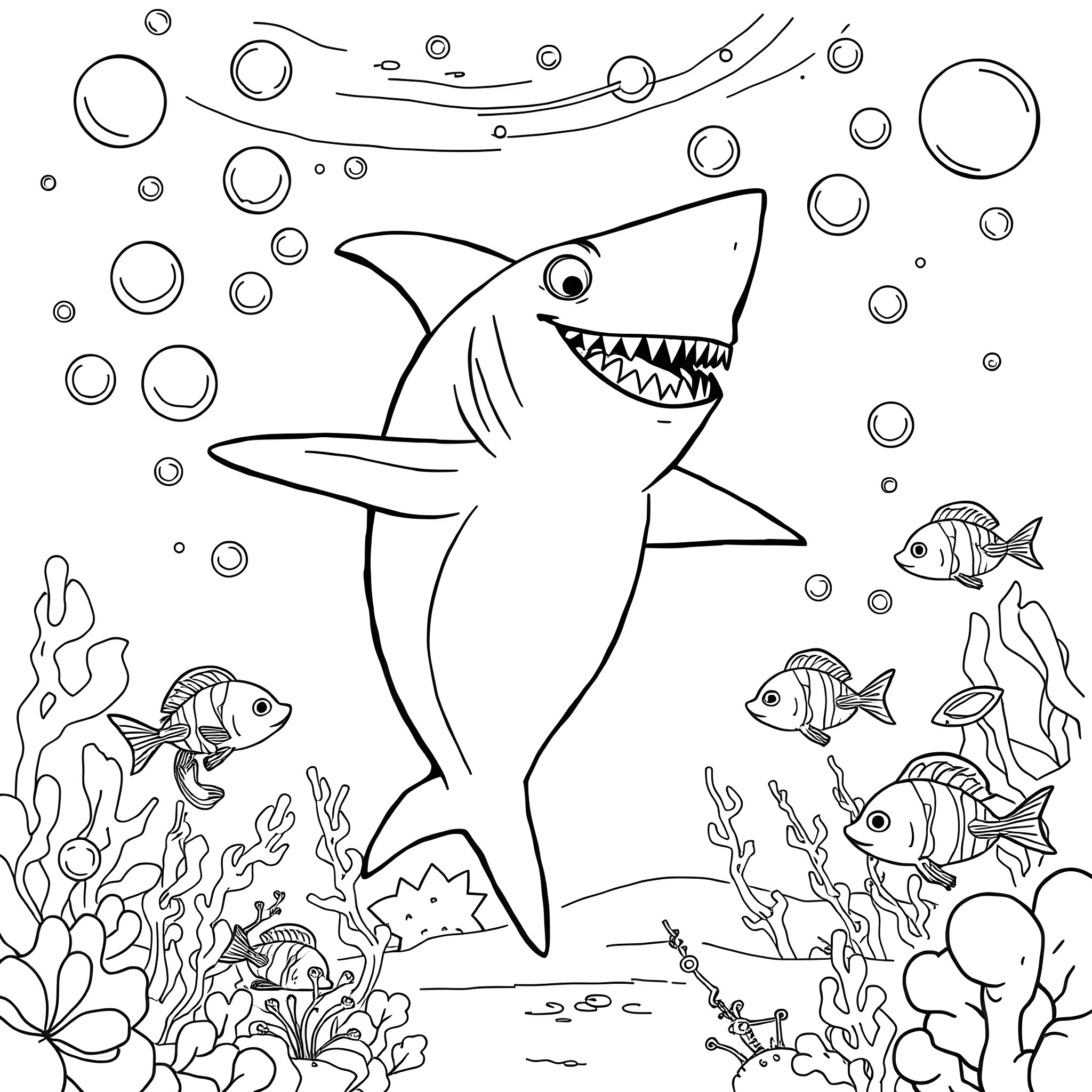 Shark swimming happily in the ocean with fish Coloring Page (free black-and-white line drawing printable PDF for all, from beginners to advanced learners, including children, teens, adults, and seniors)