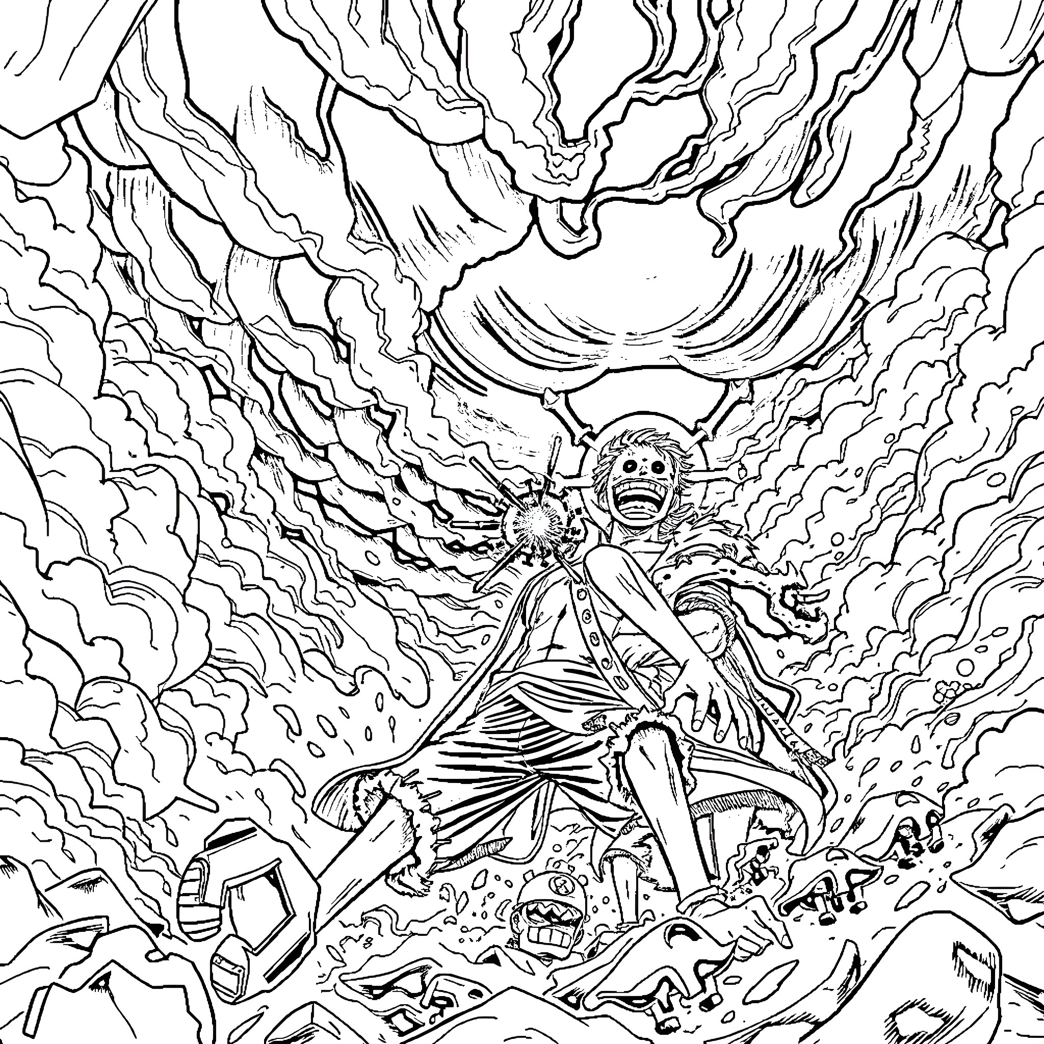 Luffy Unleashes Powerful Technique in Stormy Battle Coloring Page (free black-and-white line drawing printable PDF for all, from beginners to advanced learners, including children, teens, adults, and seniors)