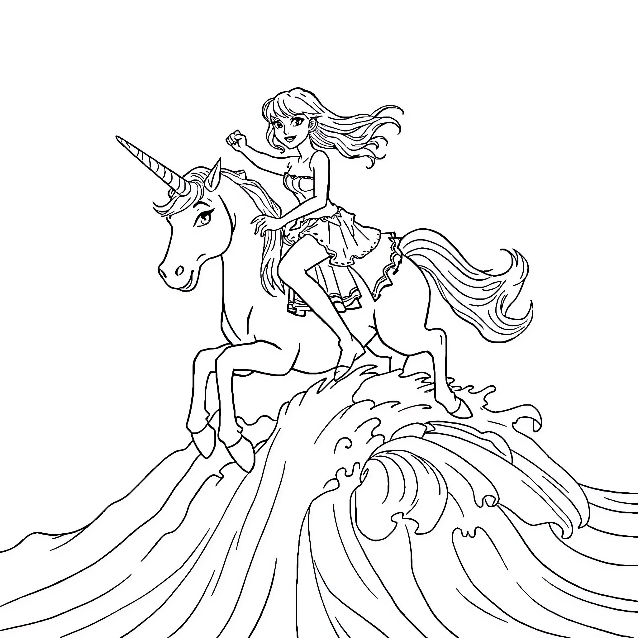 Taylor Swift riding a magical unicorn through waves Coloring Page (free black-and-white line drawing printable PDF for all, from beginners to advanced learners, including children, teens, adults, and seniors)