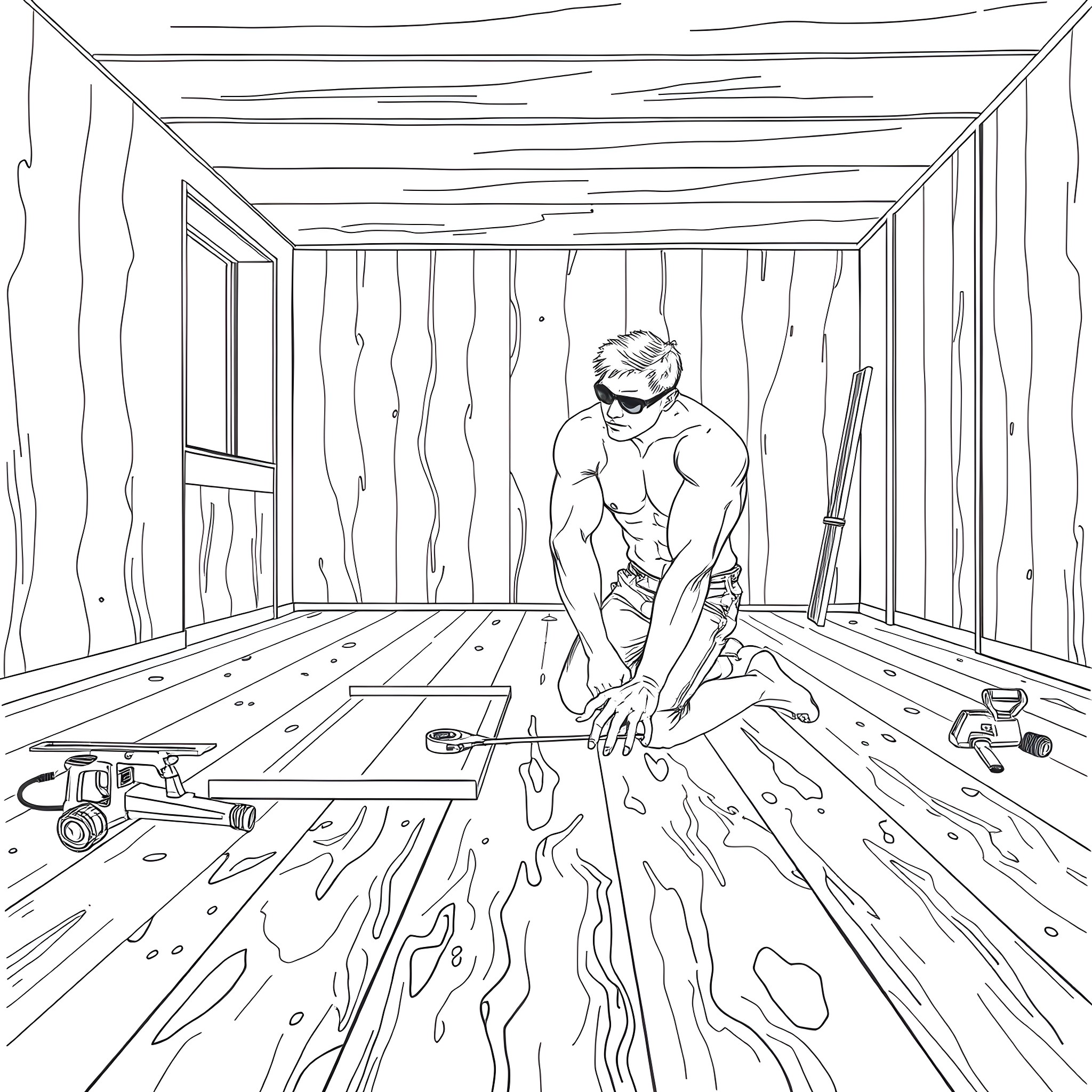 Macho Man Flexing Muscles in Rustic Cabin Workshop Coloring Page (free black-and-white line drawing printable PDF for all, from beginners to advanced learners, including children, teens, adults, and seniors)