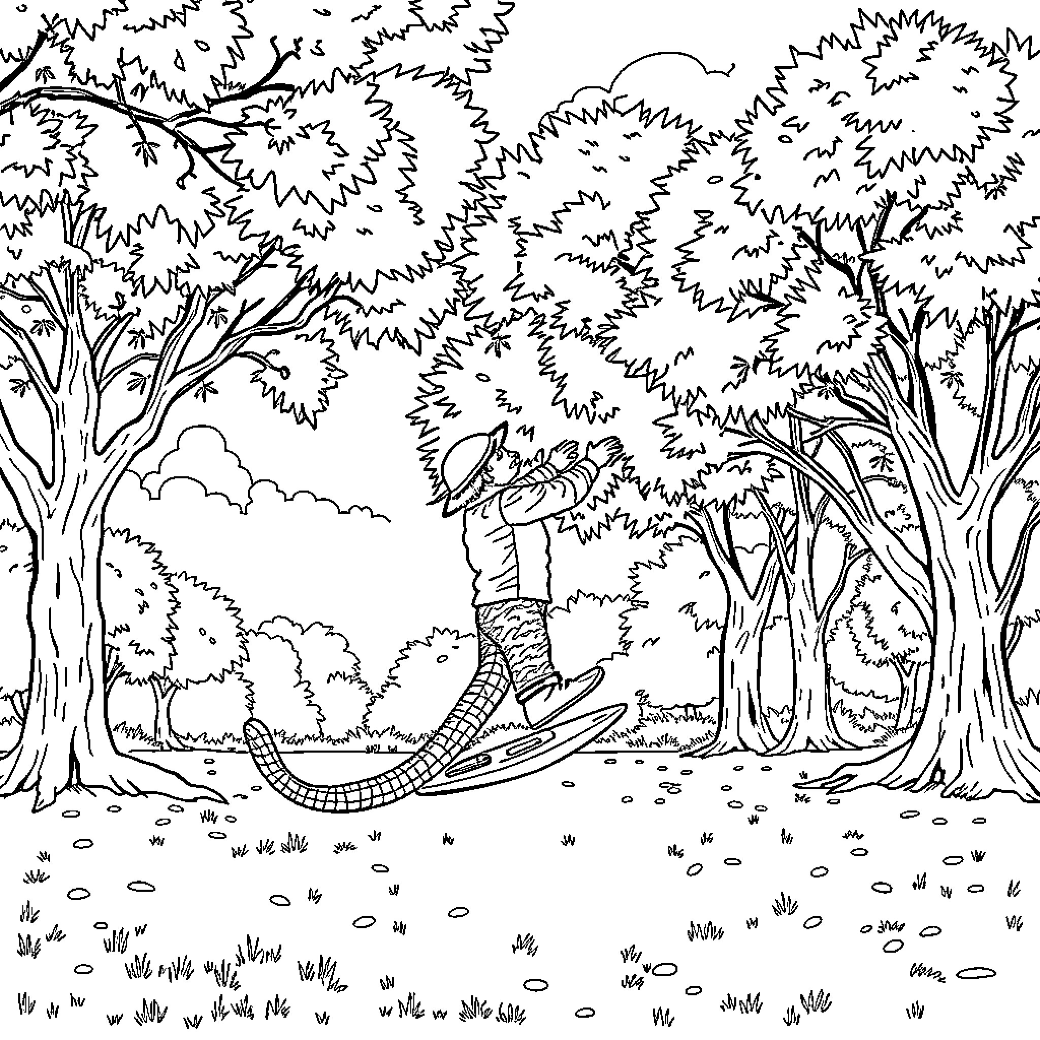 Nezuko exploring the mysterious forest Coloring Page (free black-and-white line drawing printable PDF for all, from beginners to advanced learners, including children, teens, adults, and seniors)