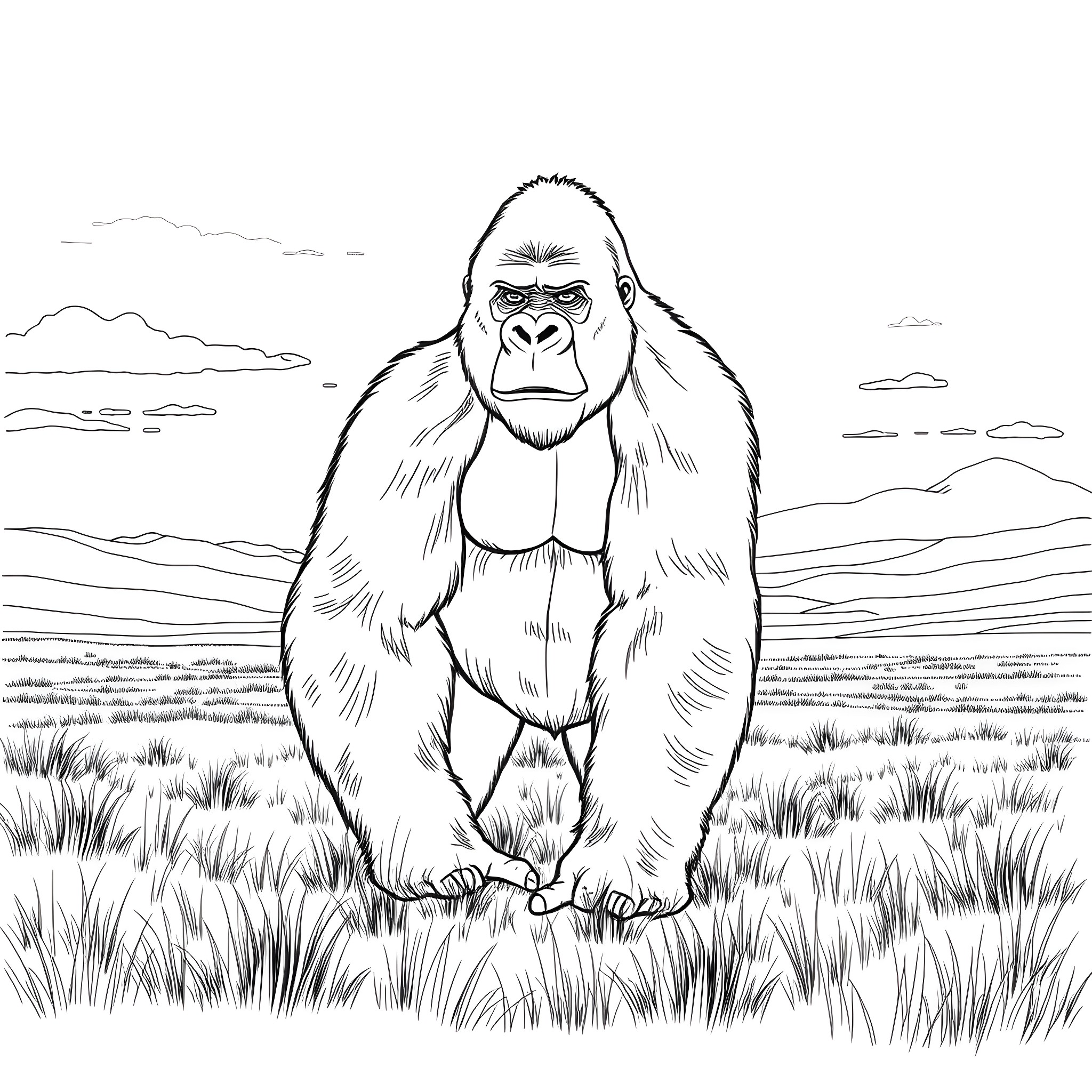 Gorilla standing proudly in the grasslands Coloring Page (free black-and-white line drawing printable PDF for all, from beginners to advanced learners, including children, teens, adults, and seniors)
