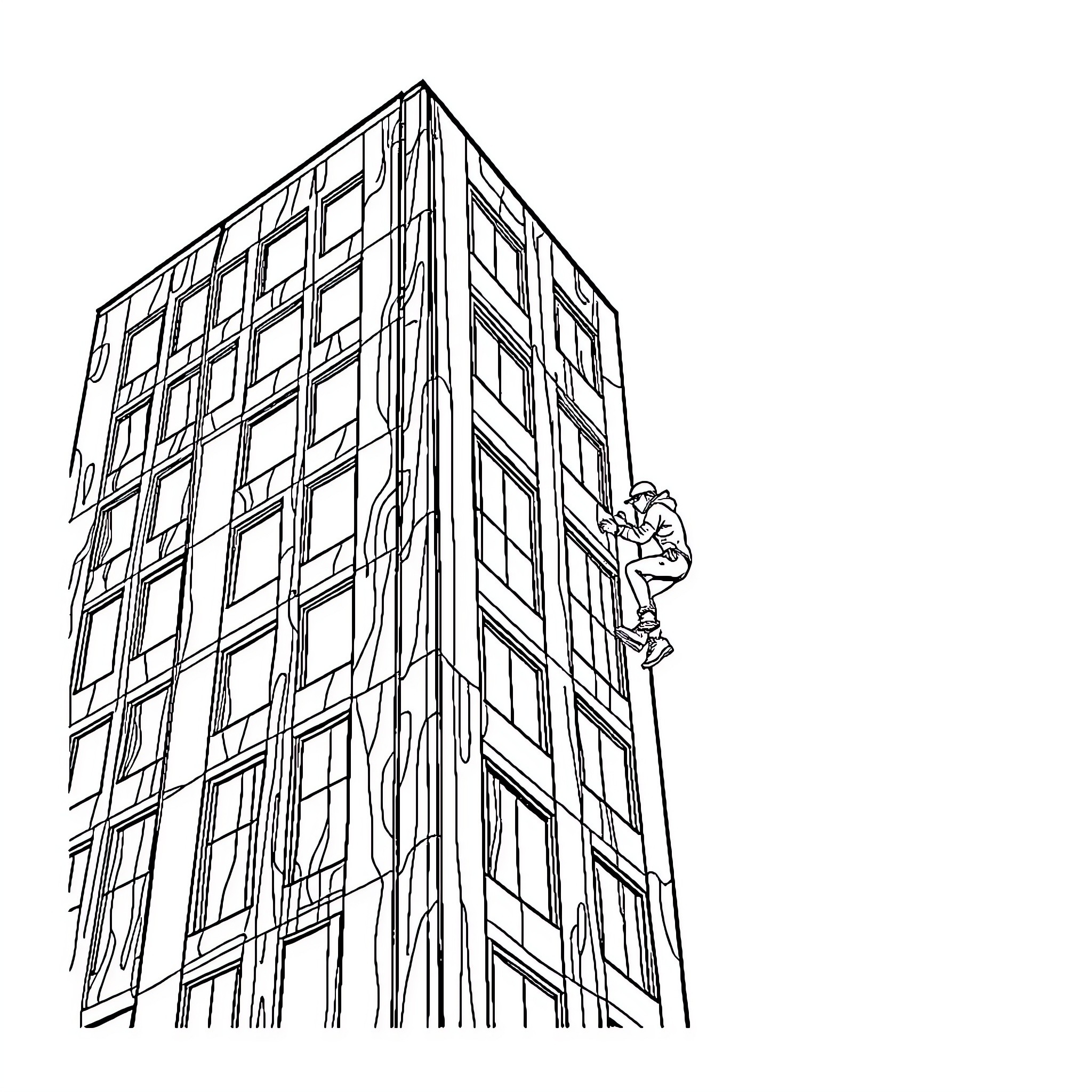 Mbappe scaling a towering high-rise building Coloring Page (free black-and-white line drawing printable PDF for all, from beginners to advanced learners, including children, teens, adults, and seniors)