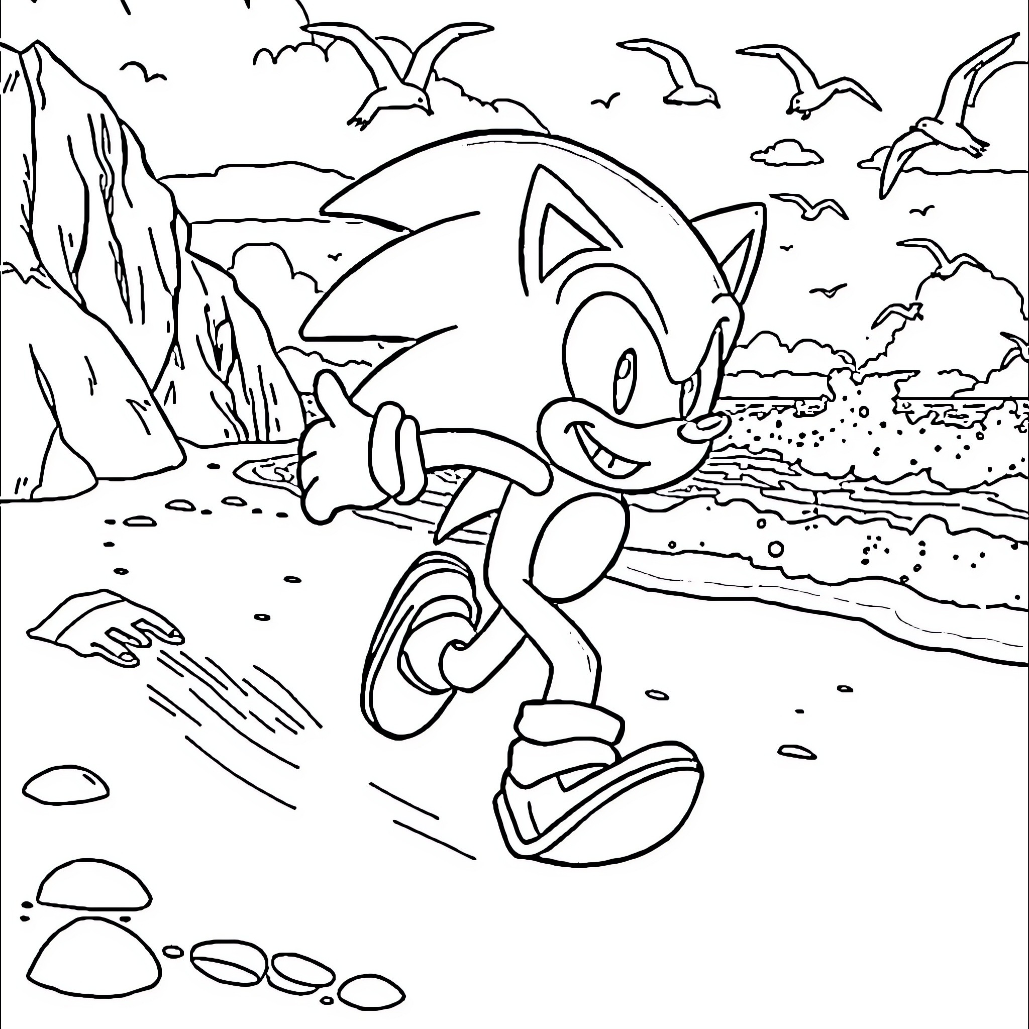 Sonic running along a coastal landscape Coloring Page (free black-and-white line drawing printable PDF for all, from beginners to advanced learners, including children, teens, adults, and seniors)