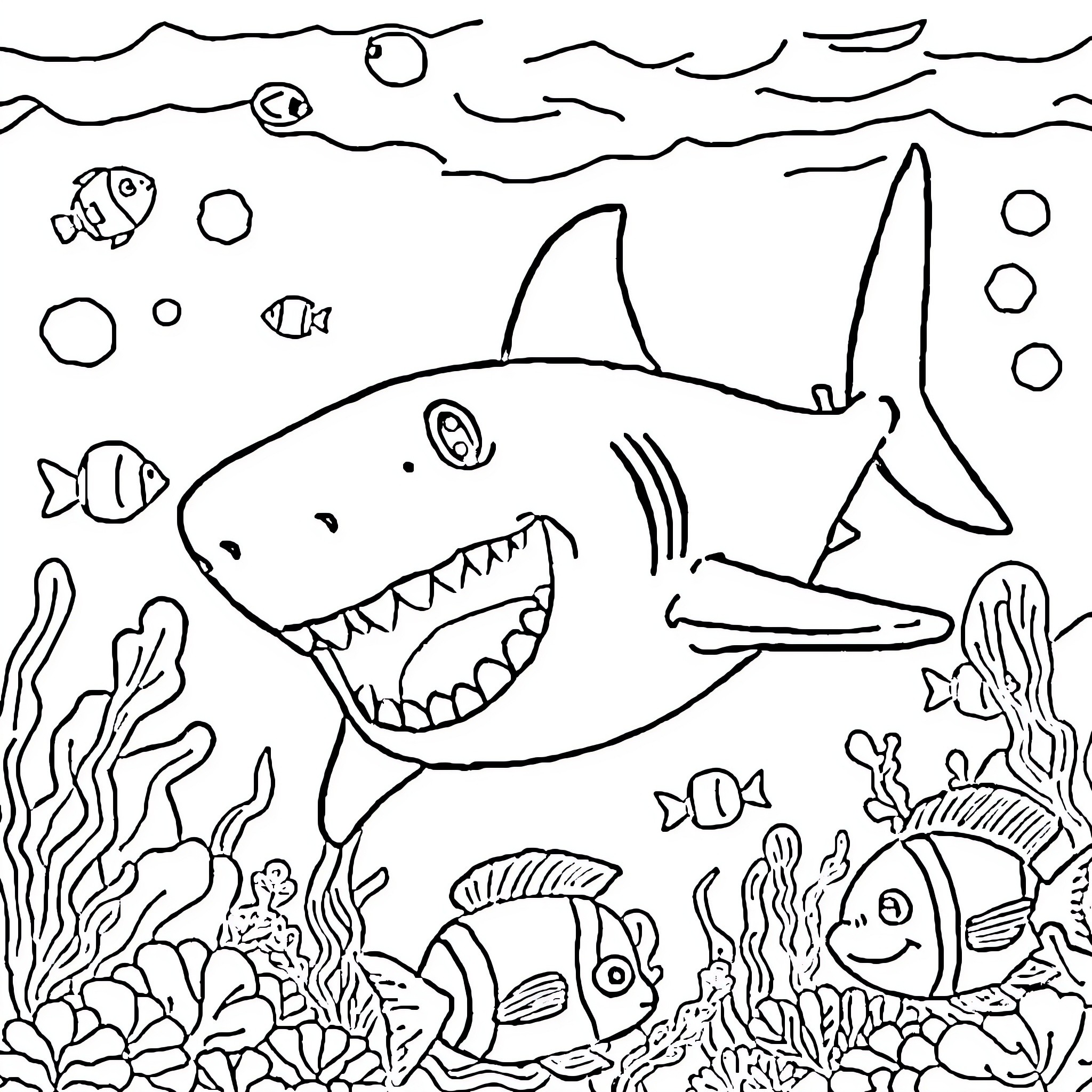 Shark chasing smaller fish in the ocean Coloring Page (free black-and-white line drawing printable PDF for all, from beginners to advanced learners, including children, teens, adults, and seniors)
