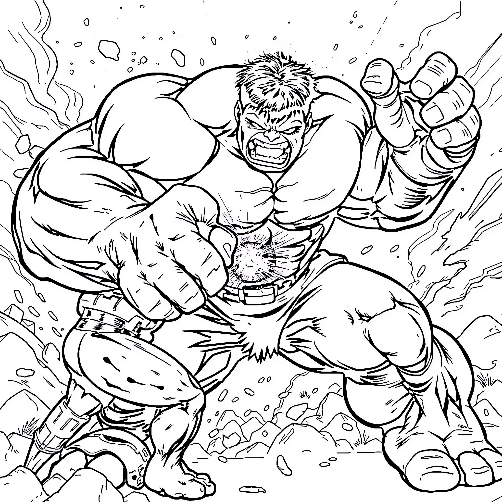 Hulk's Destructive Rampage Coloring Page (free black-and-white line drawing printable PDF for all, from beginners to advanced learners, including children, teens, adults, and seniors)