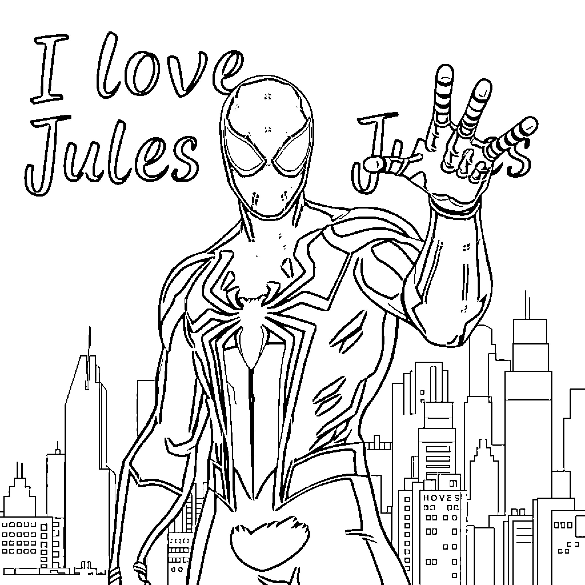 Spiderman 2099 waving amidst the city skyline Coloring Page (free black-and-white line drawing printable PDF for all, from beginners to advanced learners, including children, teens, adults, and seniors)