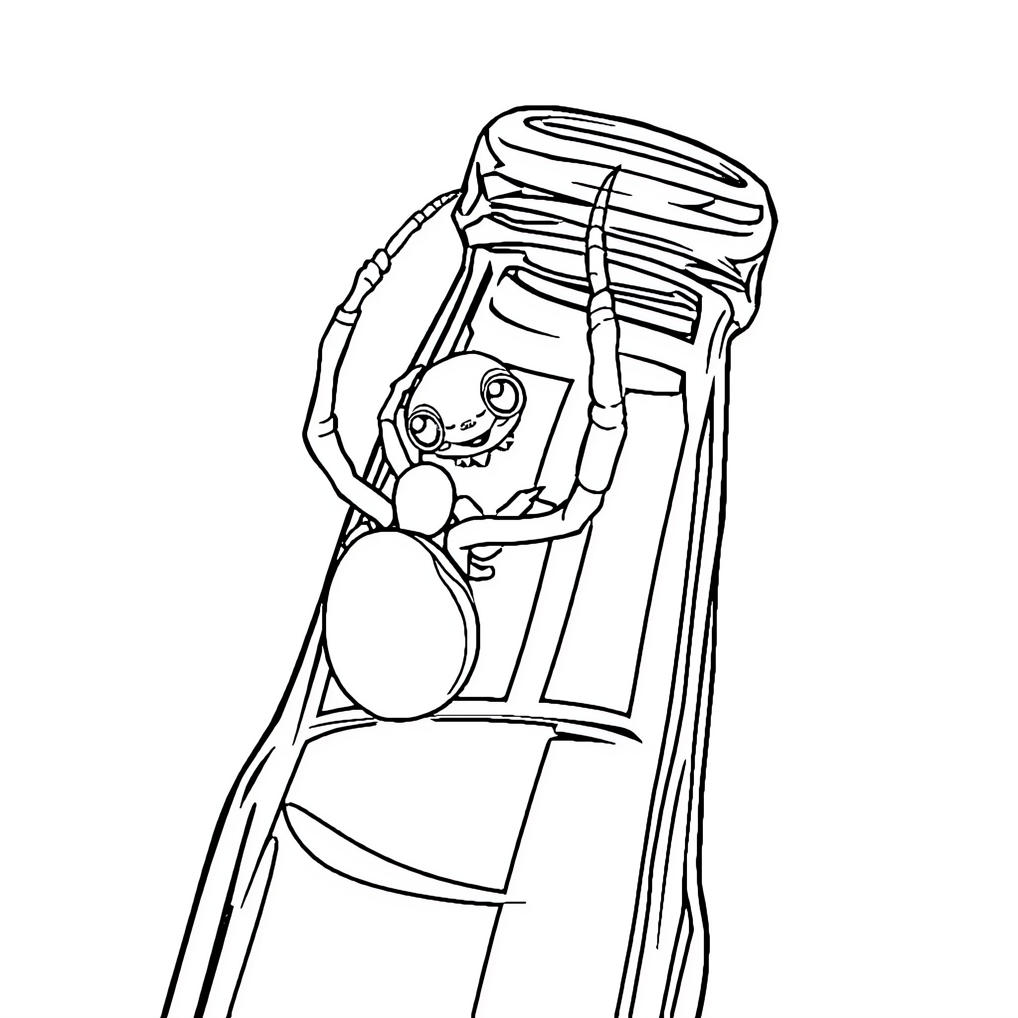 Spider-like robot exploring a jar Coloring Page (free black-and-white line drawing printable PDF for all, from beginners to advanced learners, including children, teens, adults, and seniors)