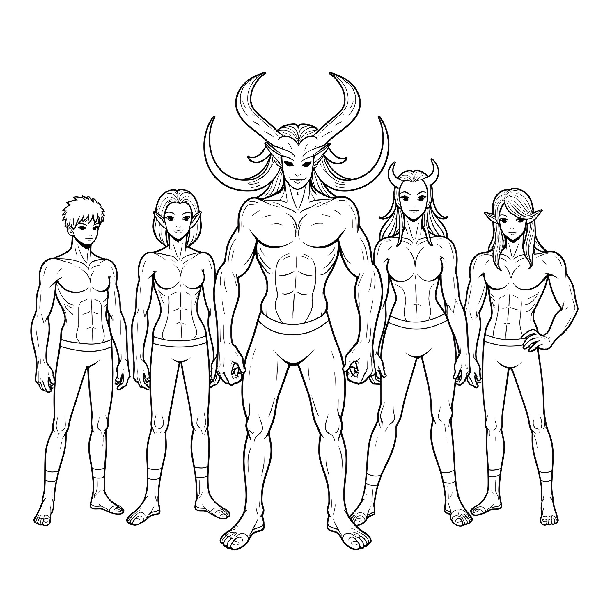 Demon warriors in dramatic poses Coloring Page (free black-and-white line drawing printable PDF for all, from beginners to advanced learners, including children, teens, adults, and seniors)