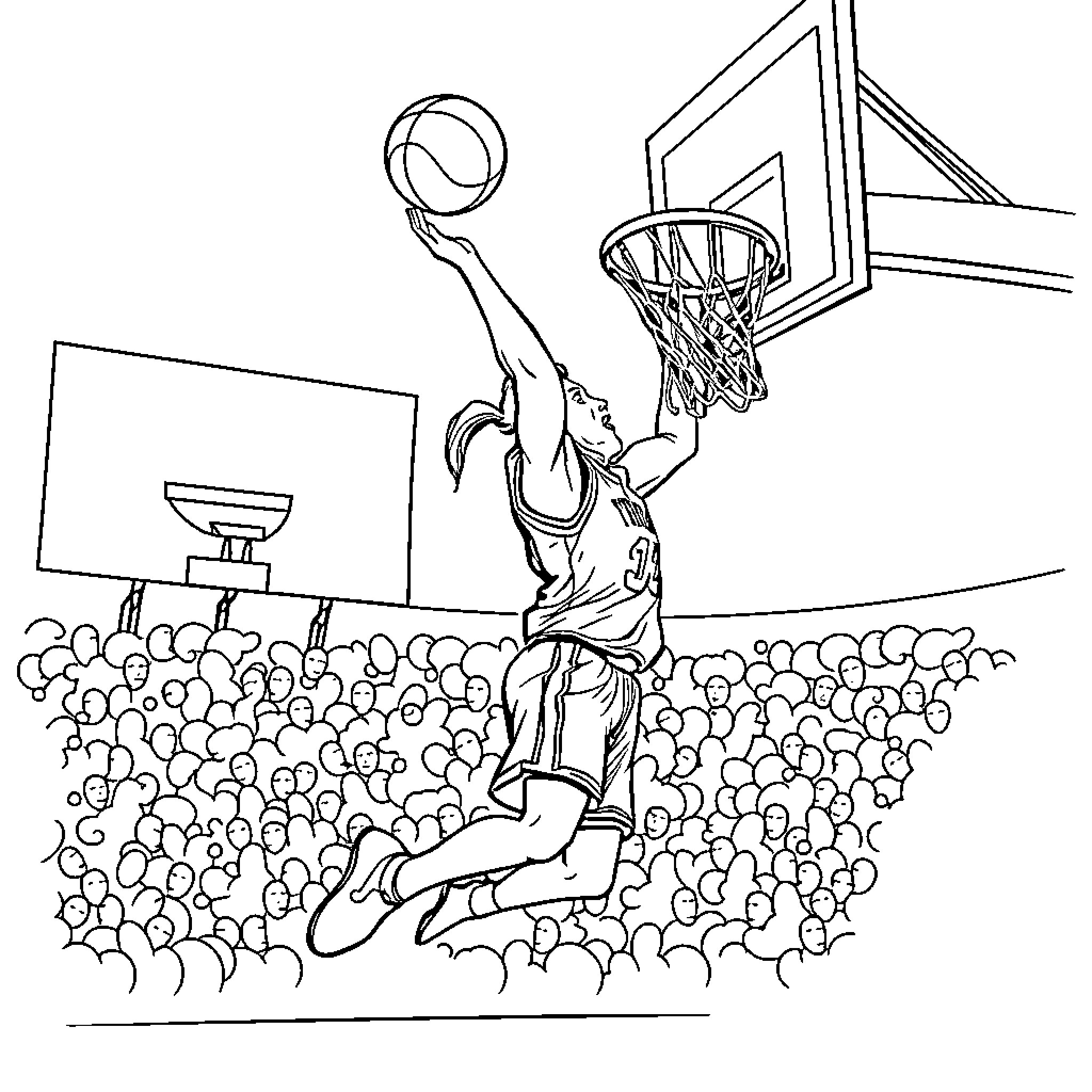 Trojan Basketball Player Scores with Audience Coloring Page (free black-and-white line drawing printable PDF for all, from beginners to advanced learners, including children, teens, adults, and seniors)