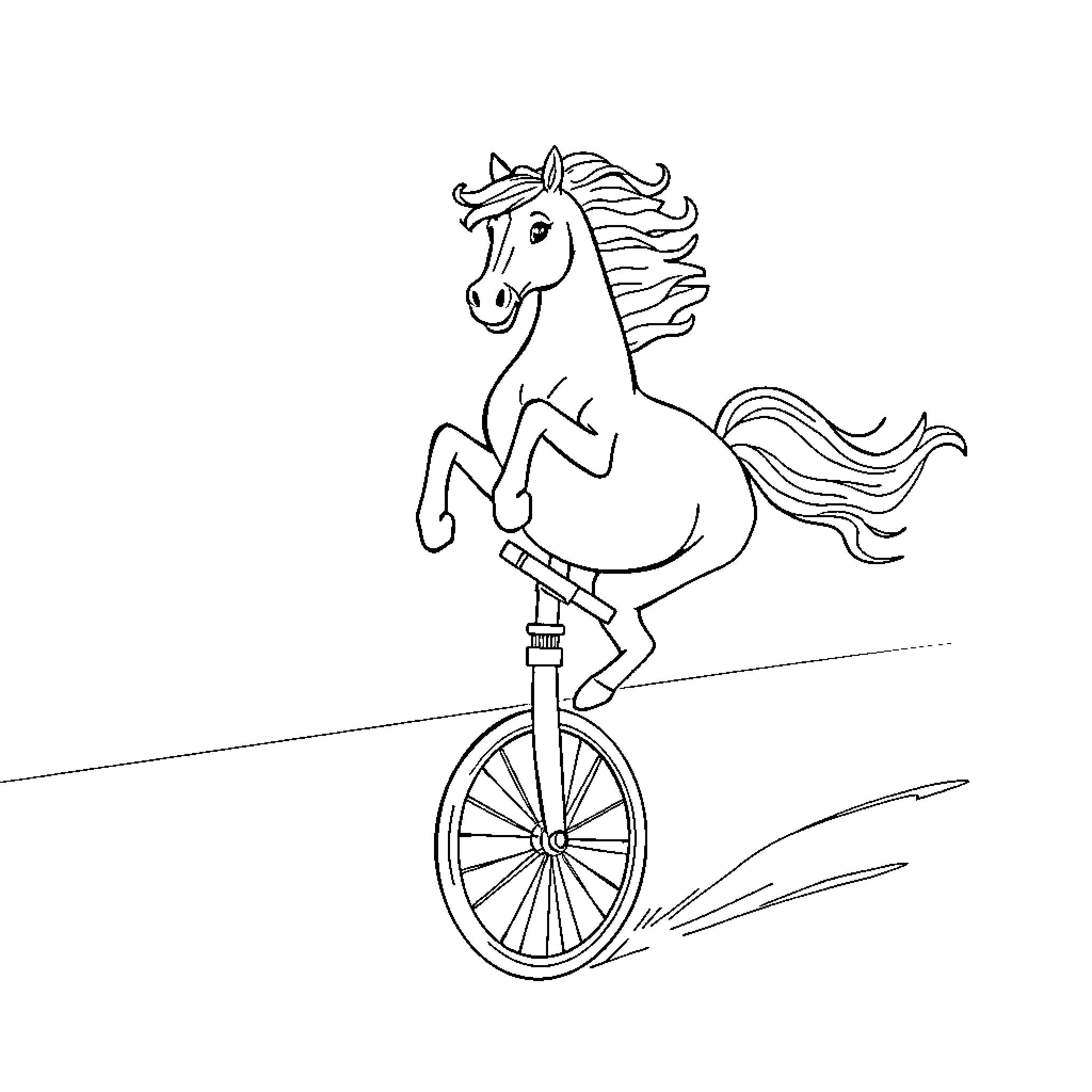 Horse riding a unicycle in action Coloring Page (free black-and-white line drawing printable PDF for all, from beginners to advanced learners, including children, teens, adults, and seniors)
