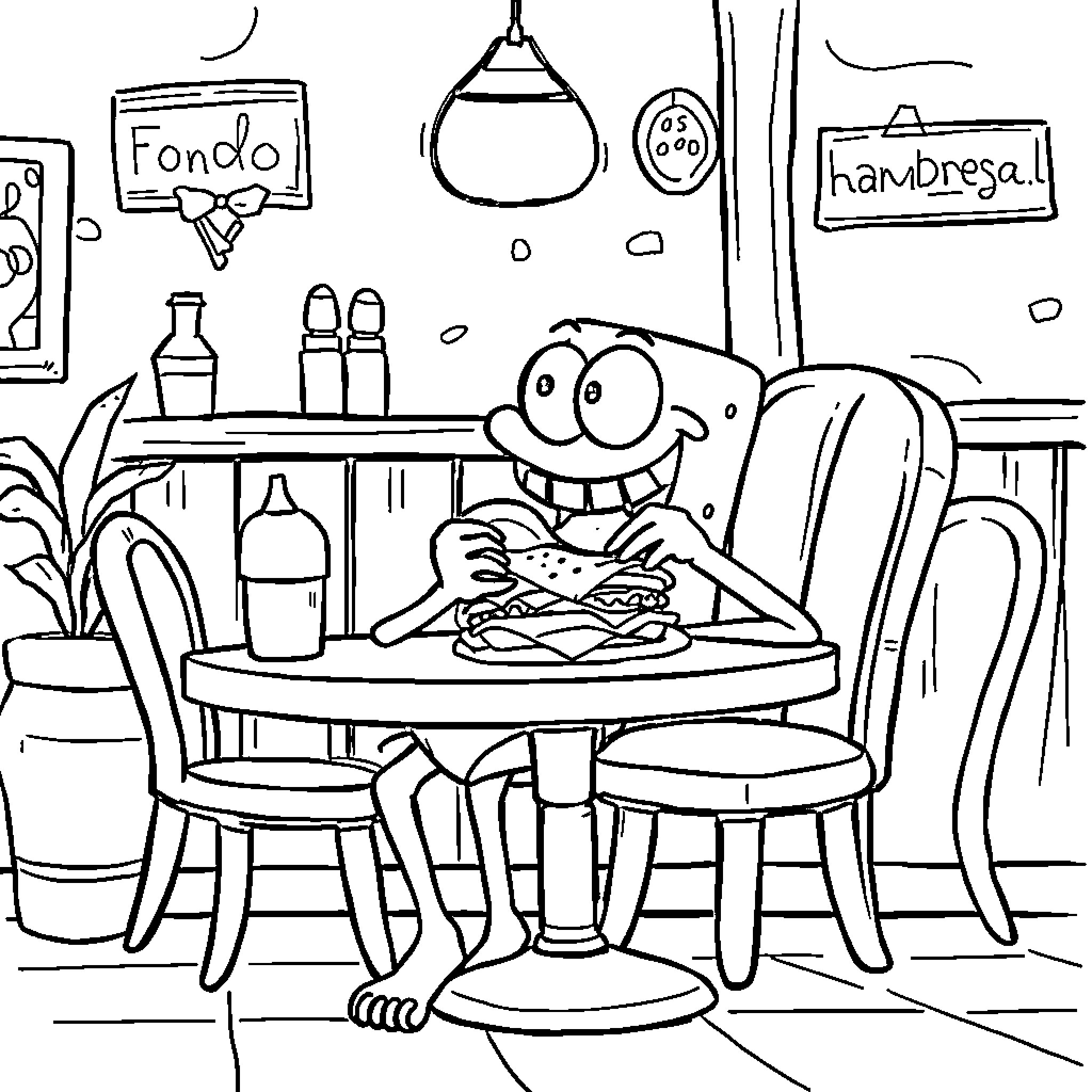 Bob esponja enjoying a tasty hamburger in a cafe Coloring Page (free black-and-white line drawing printable PDF for all, from beginners to advanced learners, including children, teens, adults, and seniors)