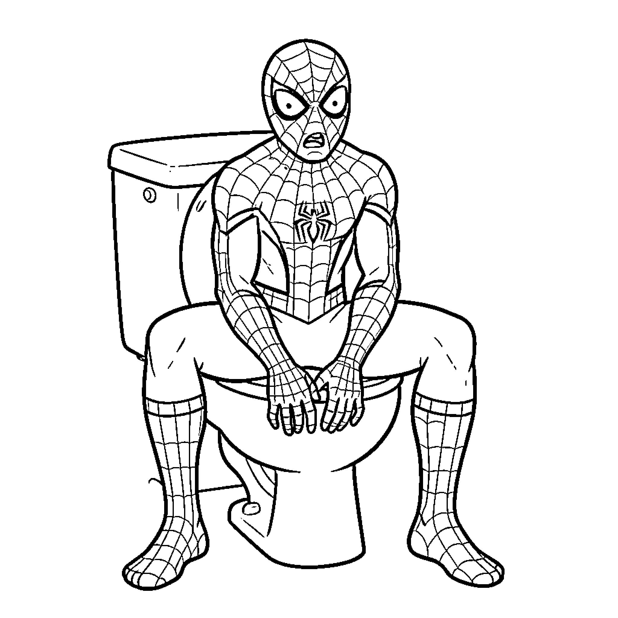 Spiderman sitting on a toilet with a surprised expression Coloring Page (free black-and-white line drawing printable PDF for all, from beginners to advanced learners, including children, teens, adults, and seniors)