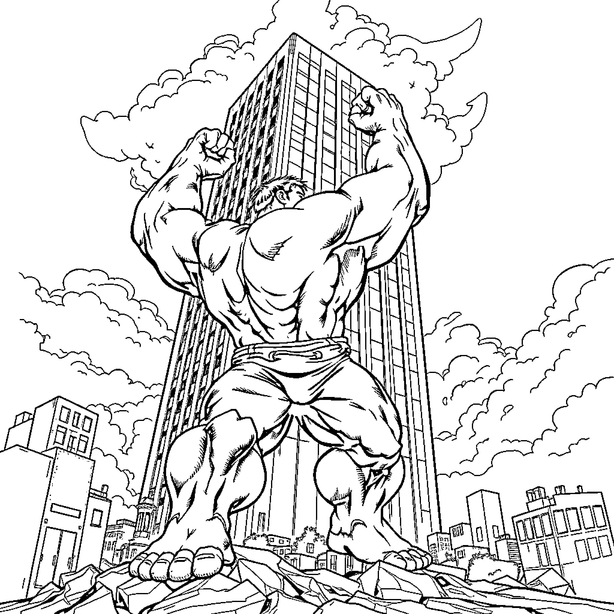 Hulk destroying skyscraper in dramatic scene Coloring Page (free black-and-white line drawing printable PDF for all, from beginners to advanced learners, including children, teens, adults, and seniors)